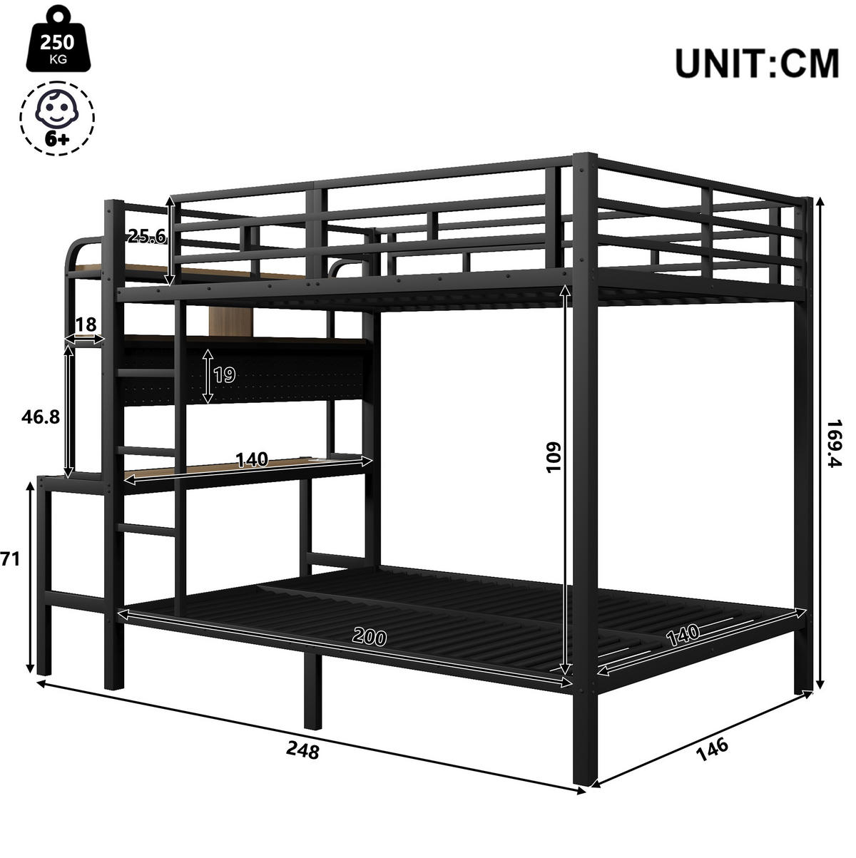 ETAGENBETT 140/200 cm Schwarz mit Schreibtisch mit LED-Beleuchtung mit USB-Anschluss - Schwarz, Metall (140/200cm) - OKWISH
