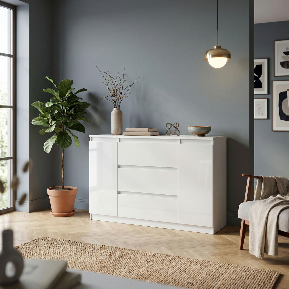 KOMMODE NUDO 120/78,5/39cm mit 3 Schubladen 2 Türen Weiß - Weiß Hochglanz/Weiß, Holzwerkstoff (120/78.5/39cm) - MASSENO