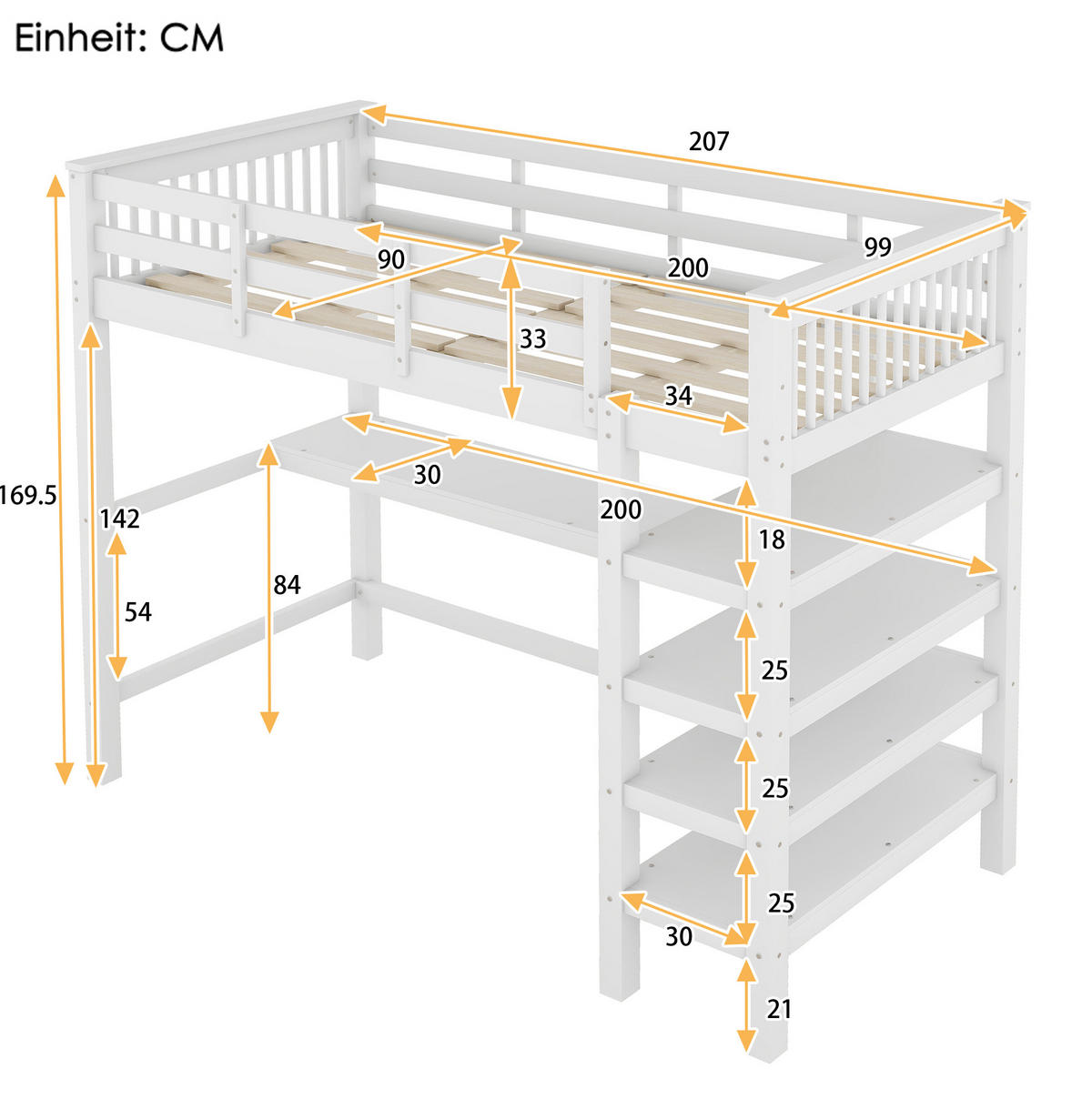 HOCHBETT 90/200 cm Weiß mit Schreibtisch und Ablagefächern - Weiß, Holzwerkstoff (90/200cm) - Flora Grace