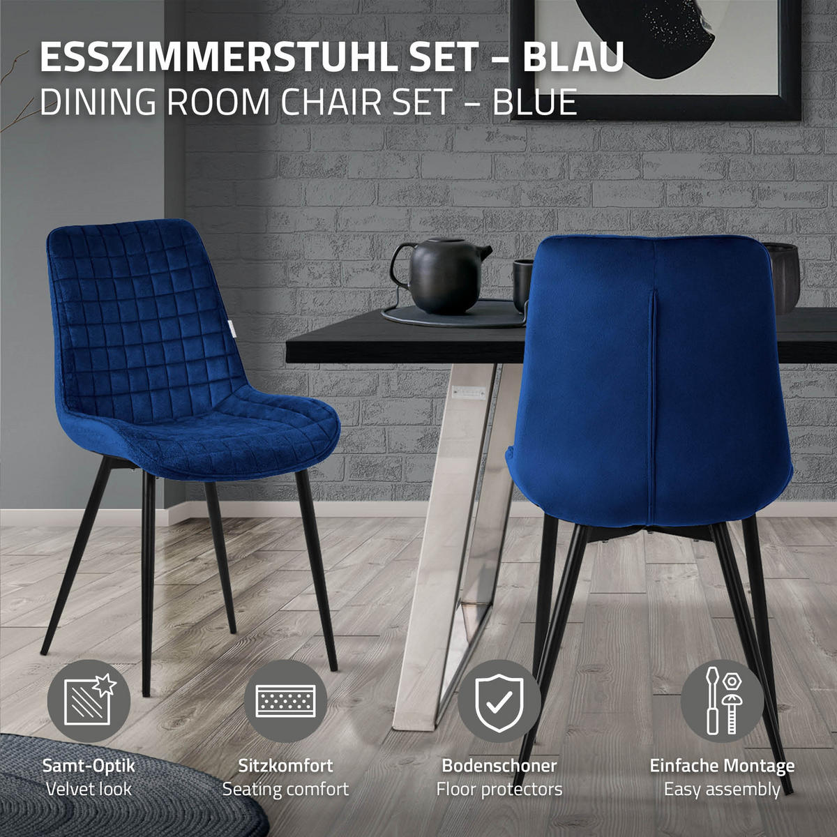 ESSZIMMERSTÜHLE 4ER-SET Dunkelblau Samt - Schwarz/Dunkelblau, Textil/Metall (52/89/60cm) - ML-DESIGN