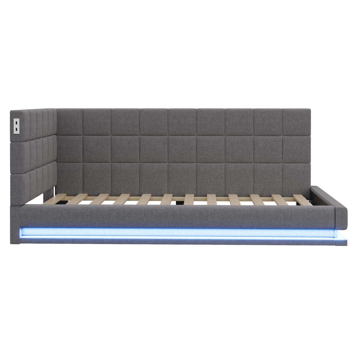POLSTERBETT 90/200 cm Grau mit LED-Beleuchtung und USB- und Type-C-Anschlüssen - Grau, Textil (90/200cm) - Flora Grace