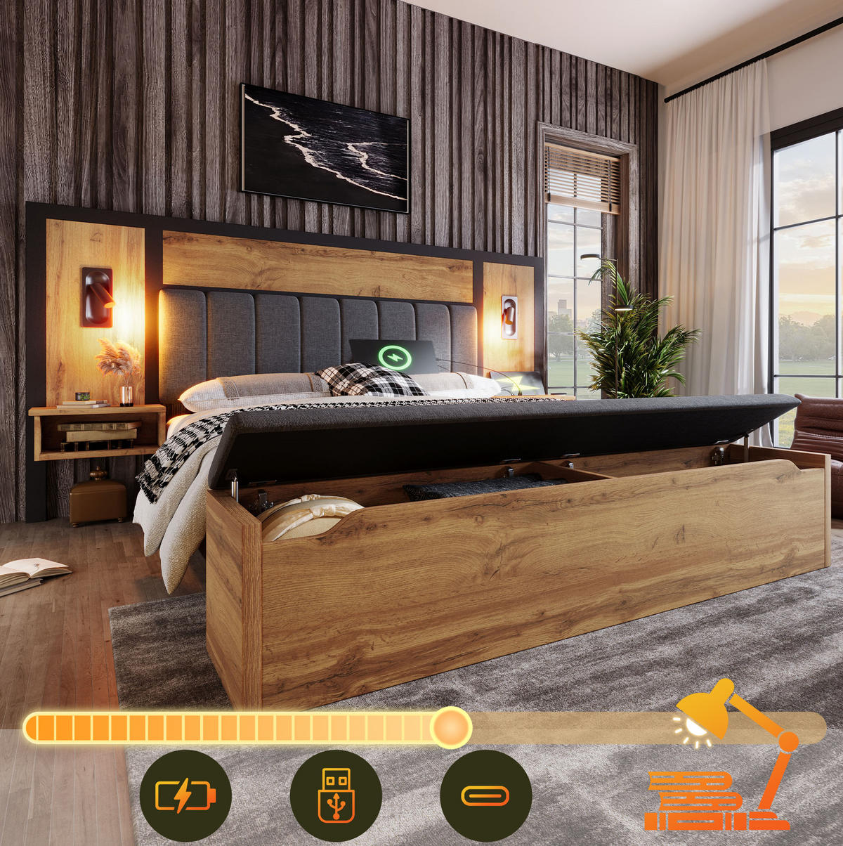 BETT mit Nachttischen, Leselampen und Sitzbank 180x200 cm Eiche - Braun, Holzwerkstoff (180/200cm) - Meubliv