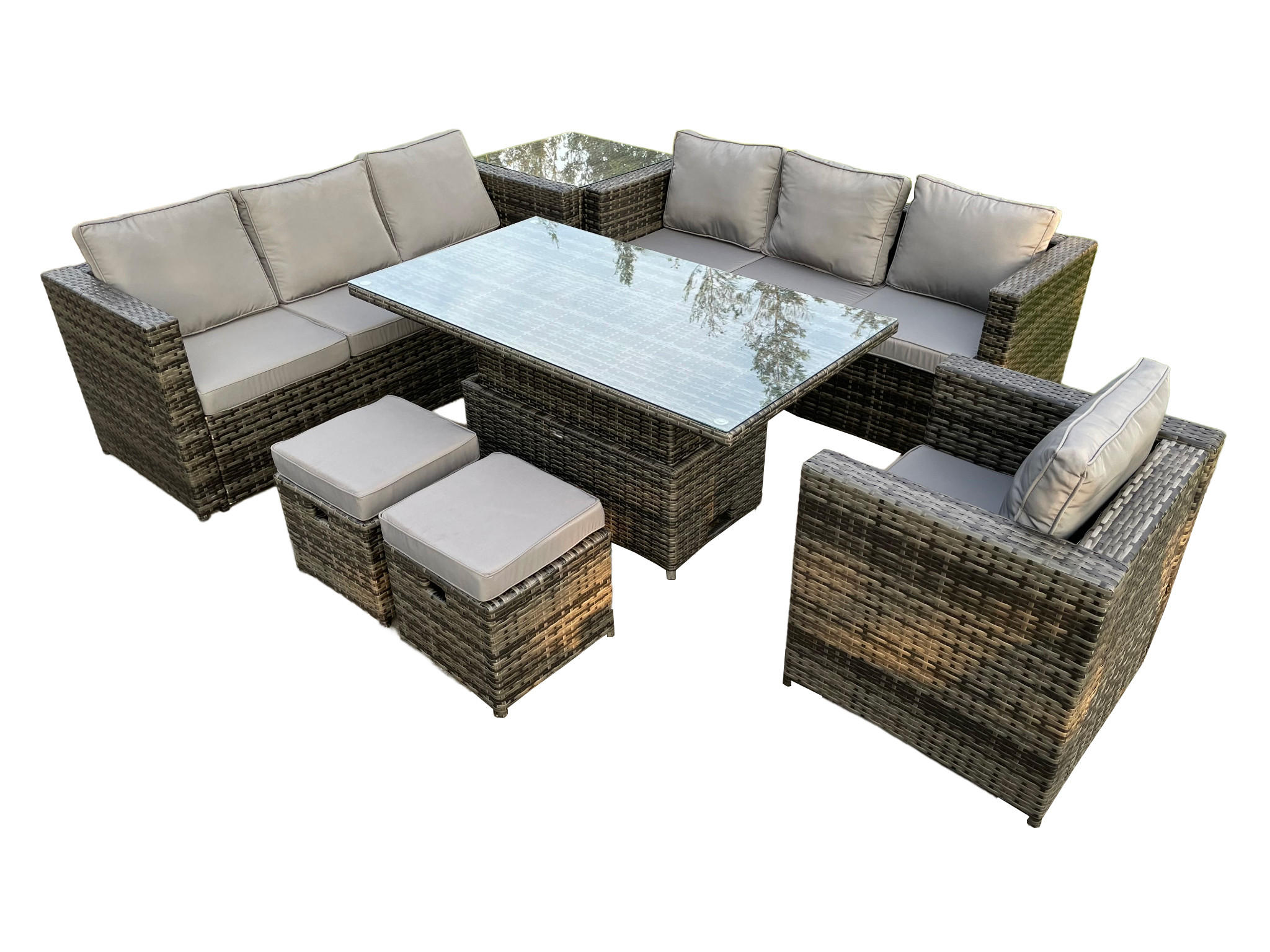 GARTENTISCHGRUPPE Polyrattan 9-Sitzer - Dunkelgrau/Grau, Glas/Kunststoff - Fimous