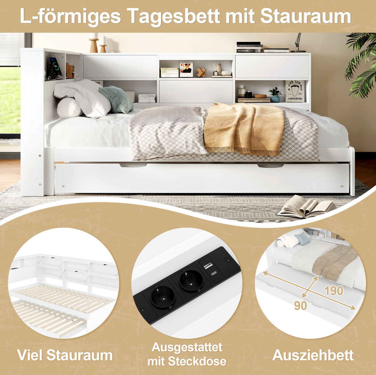 POLSTERBETT 90/200 cm Weiß mit Stauraum und USB- und Type-C-Anschlüssen - Weiß, Holz (90/200cm) - Flora Grace