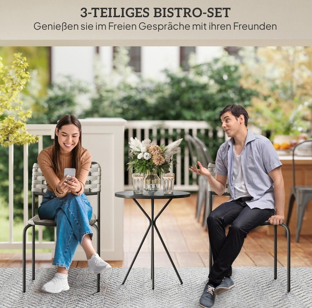 BALKONSET Gartenmöbel-Set 46/60/80 cm aus Stahl mit 2 stapelbaren Stühlen und Rundtisch Grau - Grau, Metall