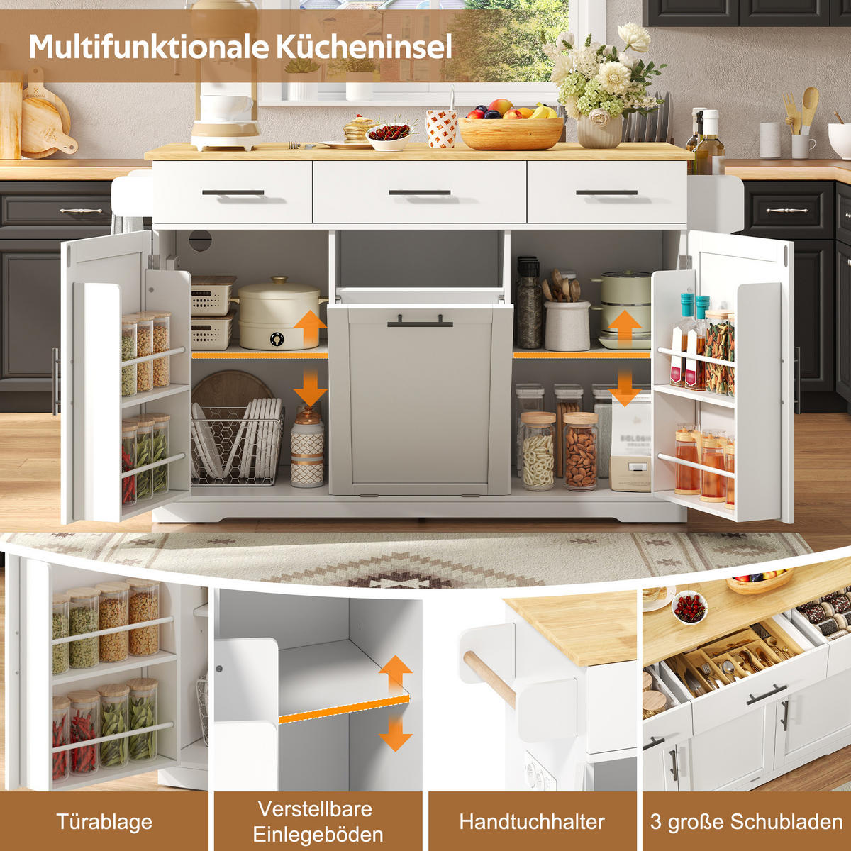 KÜCHENINSEL DE-41372 136/50-75/92 cm, klappbare Arbeitsplatte und Mülleimerschrank Weiß - Weiß, Holzwerkstoff (136/92/75cm) - ComfortXL