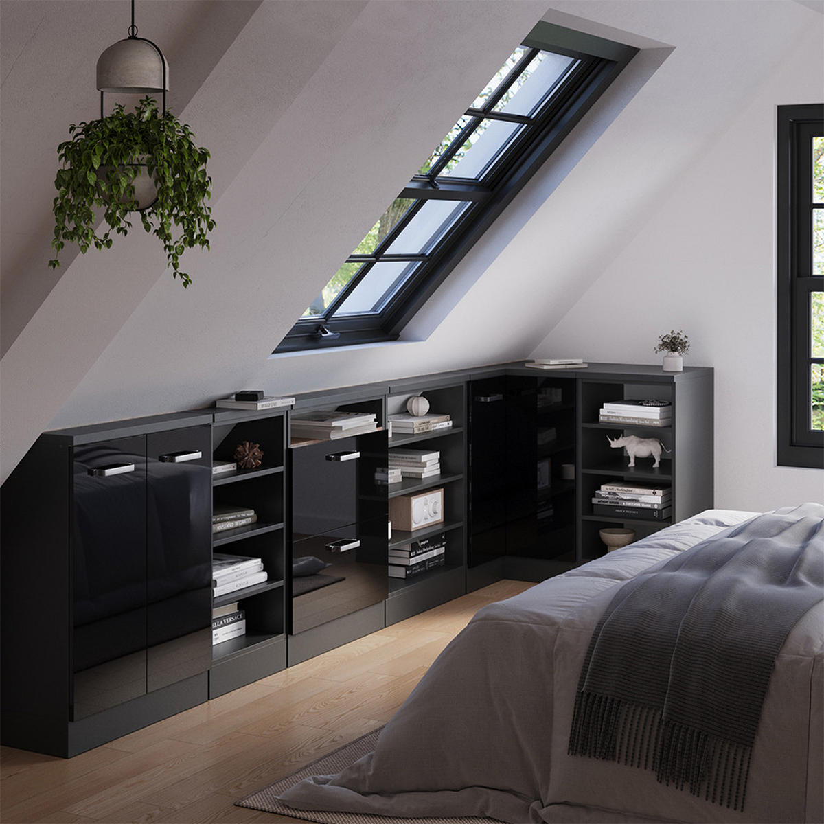 DACHSCHRÄGENSCHRANK ECKSCHRANK Rion Schwarz Hochglanz/Anthrazit 75.6 x 81.6 cm mit 1 Tür - Schwarz Hochglanz/Anthrazit, Holzwerkstoff (75.6/81.6/75.6cm) - Vicco