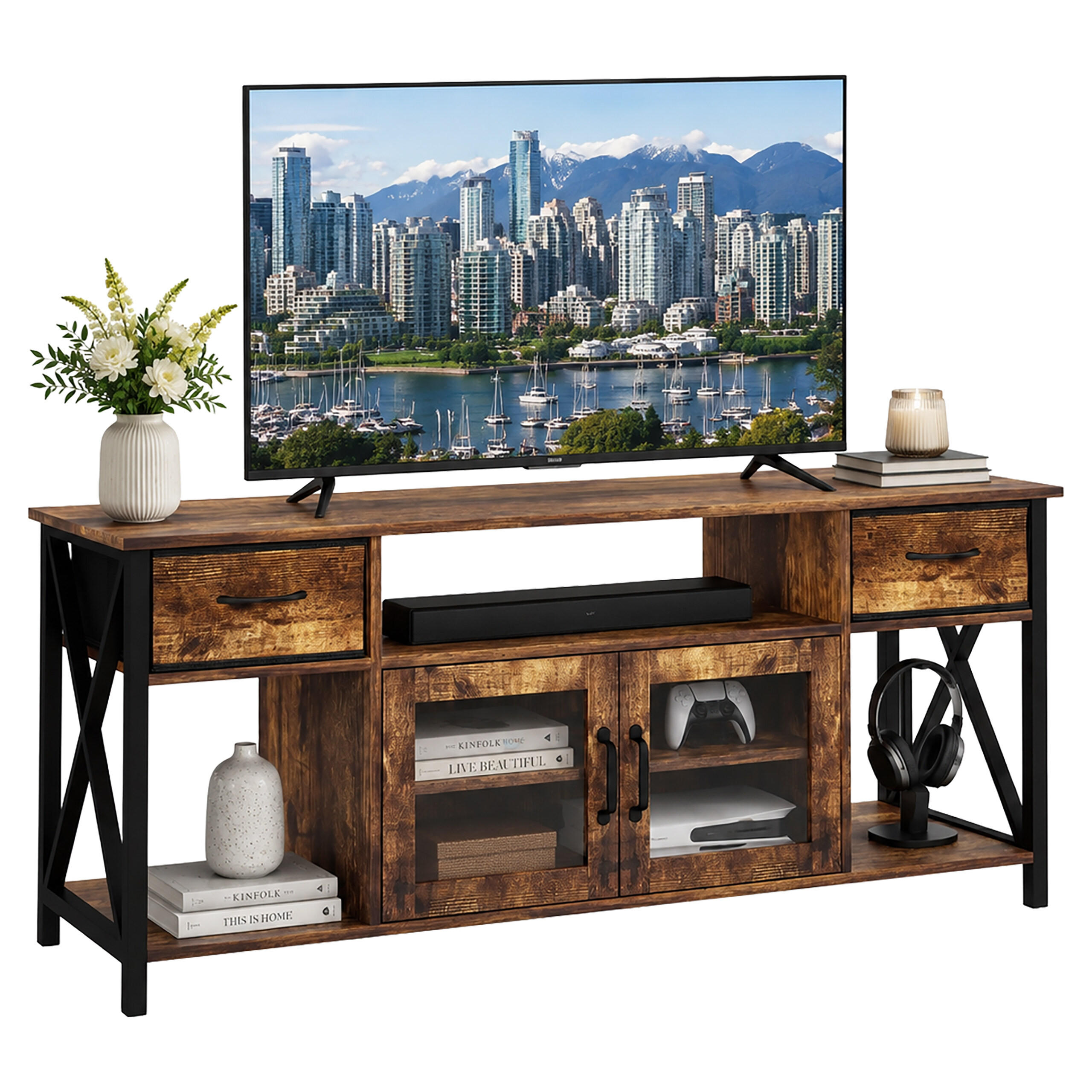 TV-LOWBOARD Braun Schwarz Industrial 140 cm - Braun, Holzwerkstoff/Textil (140/60/40cm) - Relaxdays