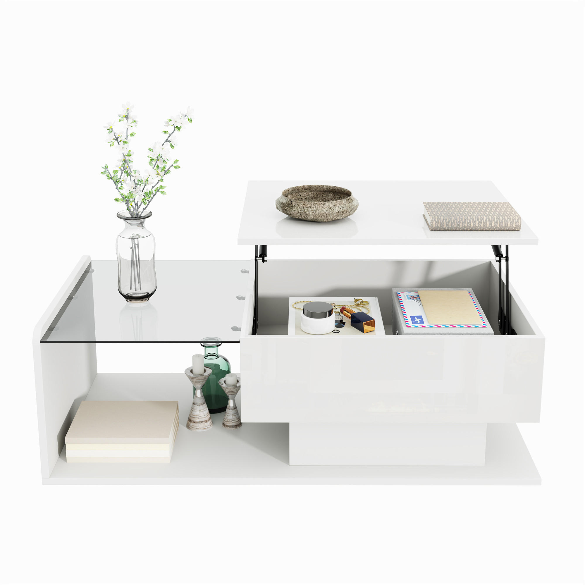 STILVORA KONFERENČNÍ STŮL v bílé barvě s LED efektem a skleněnou deskou do obýváku, 100×50×33/47,5 cm