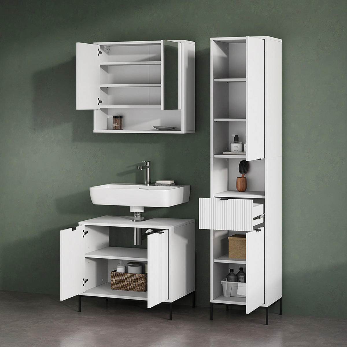 BADMÖBEL-SET ATERNO Weiß 3 Teile, mit Hochschrank - Weiß, Holzwerkstoff (70/63/45cm) - Livinity®