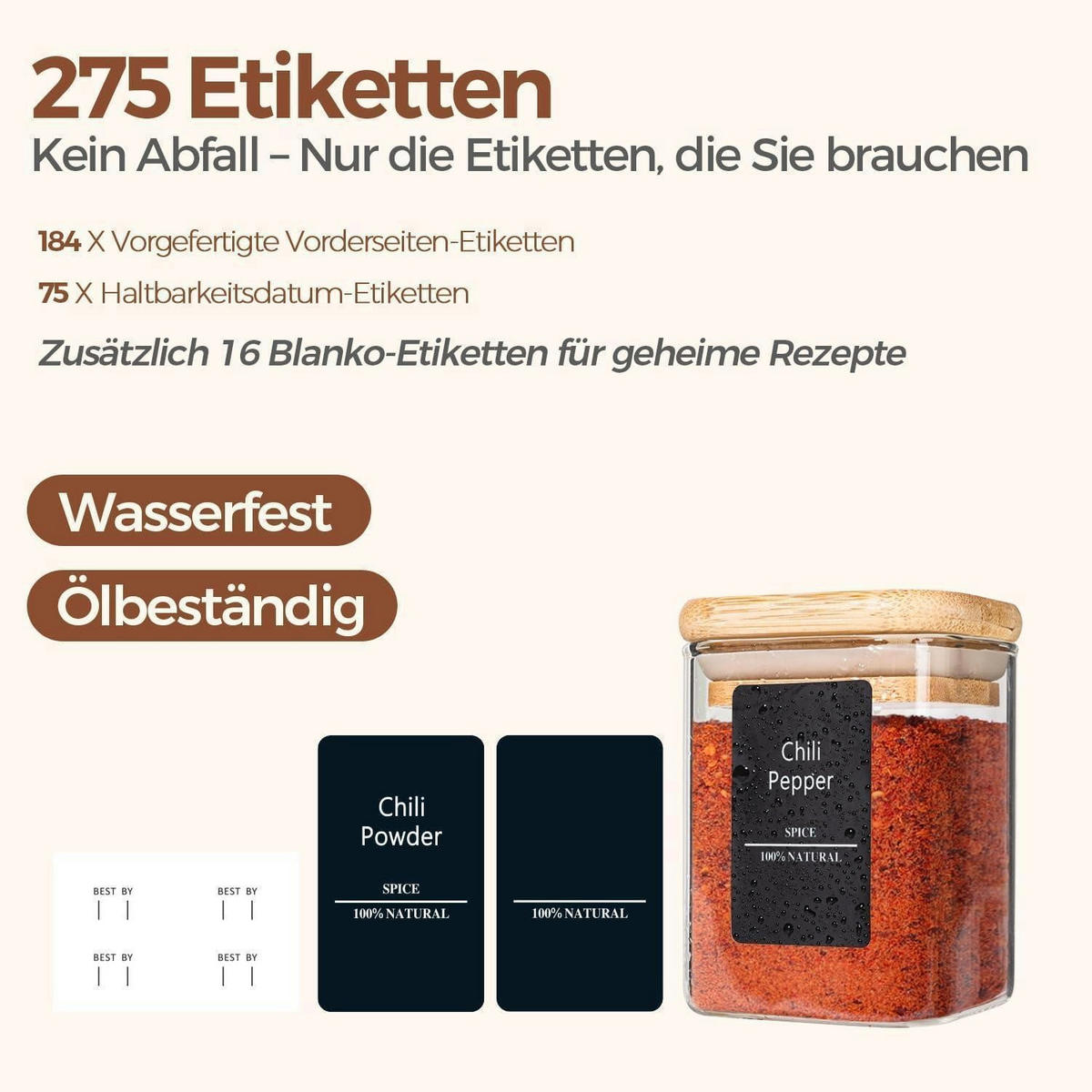 GEWÜRZGLÄSER 16-teiliges Set 180 ml Glas mit Holzdeckel - Multicolor, Glas (6/8.6/6cm)