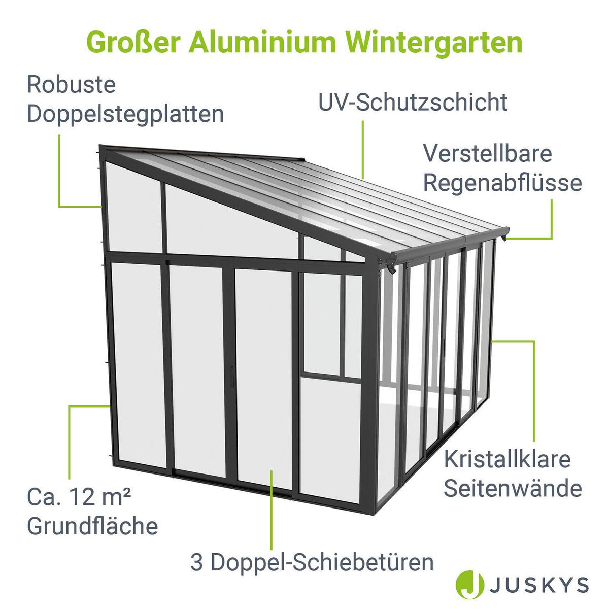 WINTERGARTEN 292 x 428 x 312 cm dunkelgrau mit verschließbaren Schiebetüren - Dunkelgrau, Metall (428/312/292cm) - Juskys