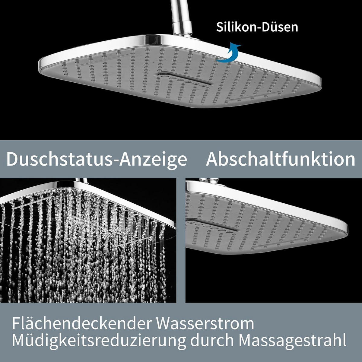 DUSCHKOPF 12 Zoll Quadratisch Chrom mit Wasserfall und Anti-Kalk-Düsen - Silberfarben, Metall (18/12.7/26cm)