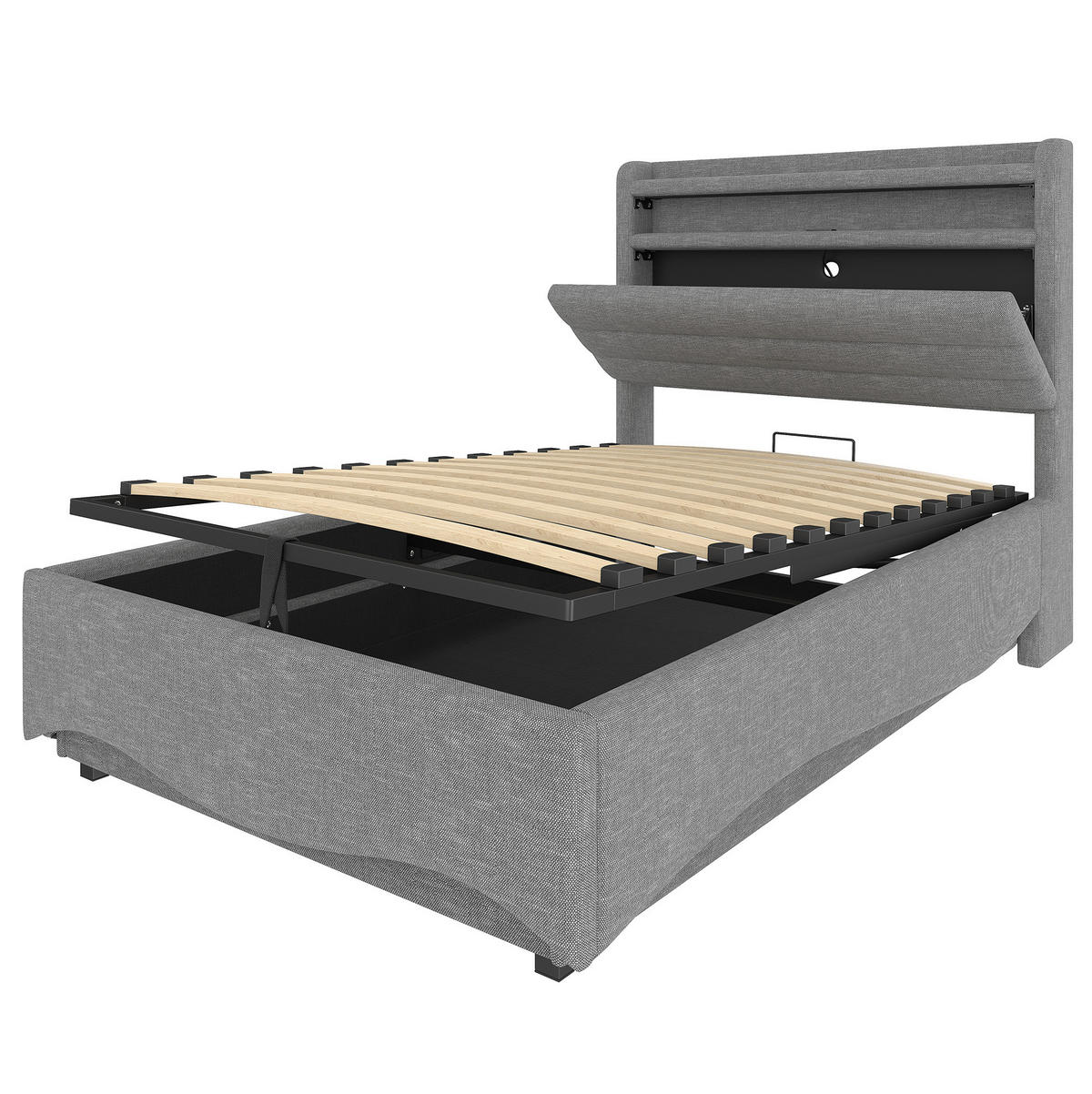 POLSTERBETT 90/200 cm Grau aus Leinen mit LED-Beleuchtung und Stauraum - Grau, Textil (90/200cm) - OKMYHOME