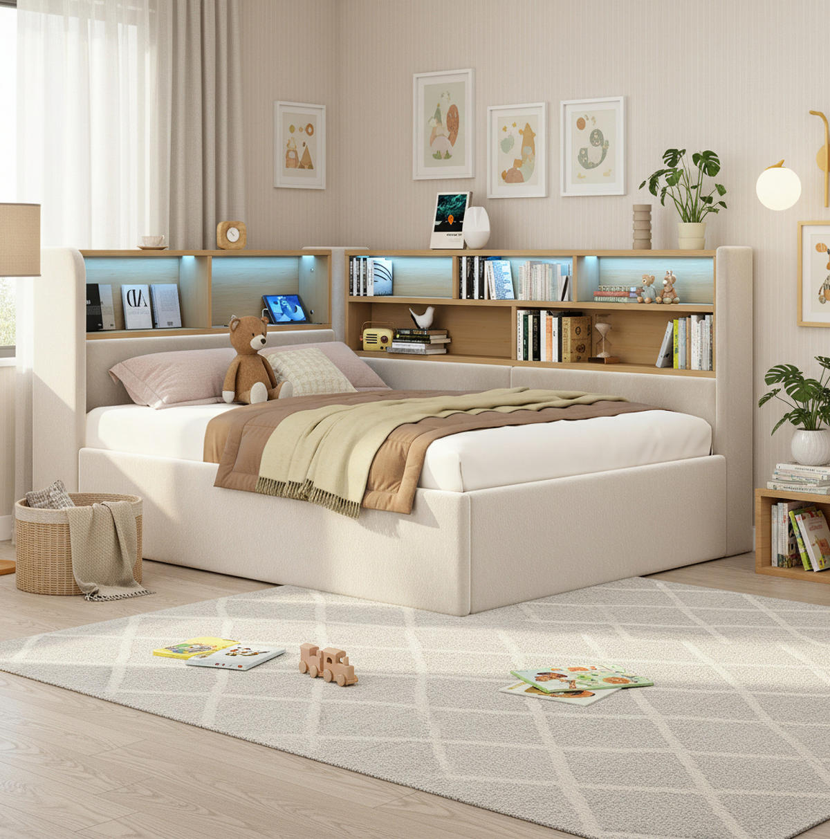 POLSTERBETT aus Samt 90x200 cm in Beige mit LED & USB/Type-C - Beige, Textil (90/200cm) - Modfu