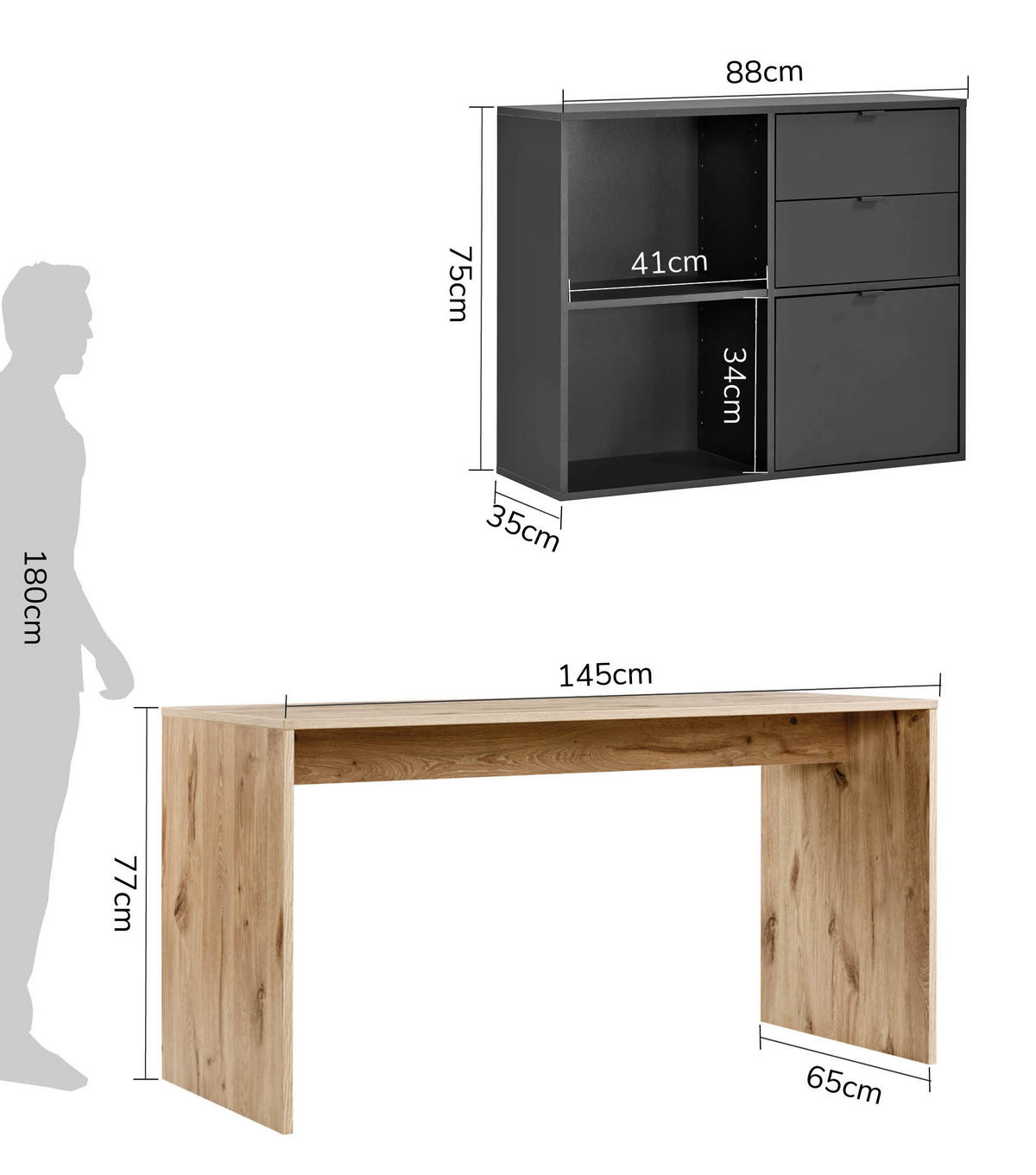 SCHREIBTISCH Der Produktive - Eichefarben/Schwarz, Holzwerkstoff (65/145/77cm) - Mokebo