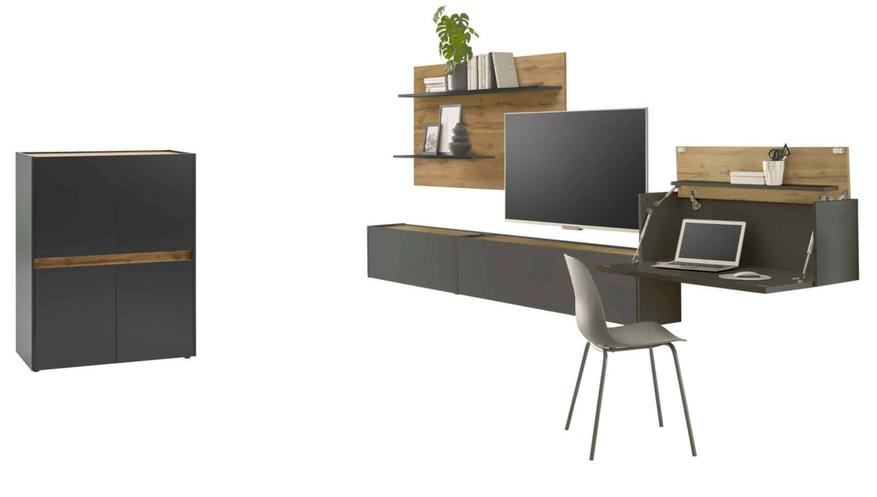 WOHNWAND grau matt, Eiche Wotan 470 cm, Schrankwand mit Sekretär - Eiche Wotan/Grau, Holzwerkstoff/Kunststoff (470/180/40cm) - Furn.Design