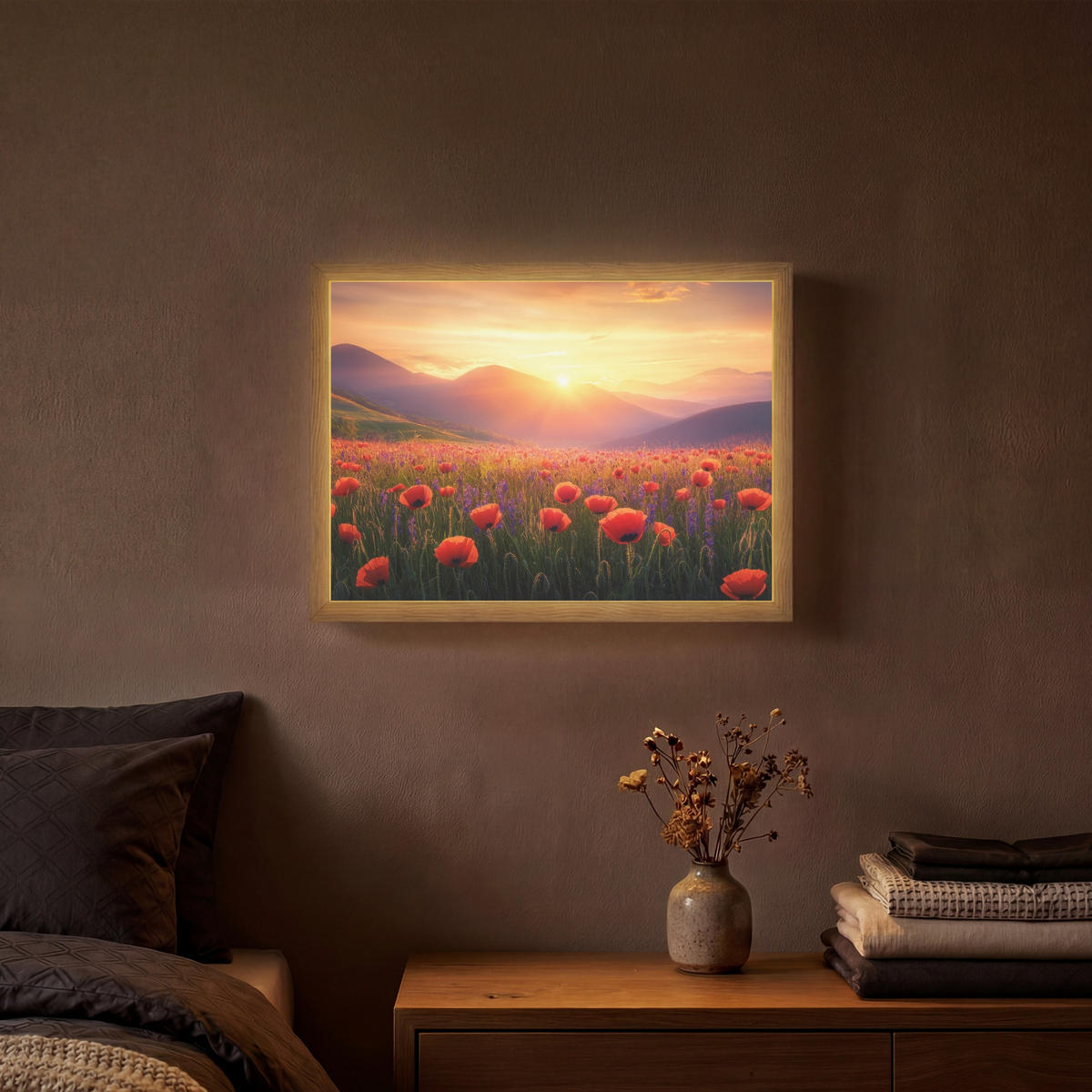 WANDLEUCHTE MIT AKKU Landschaft - Sonnenuntergang - Blumenfeld 40x30 cm - Rot, Holzwerkstoff (40/30/8cm) - OnlyWow