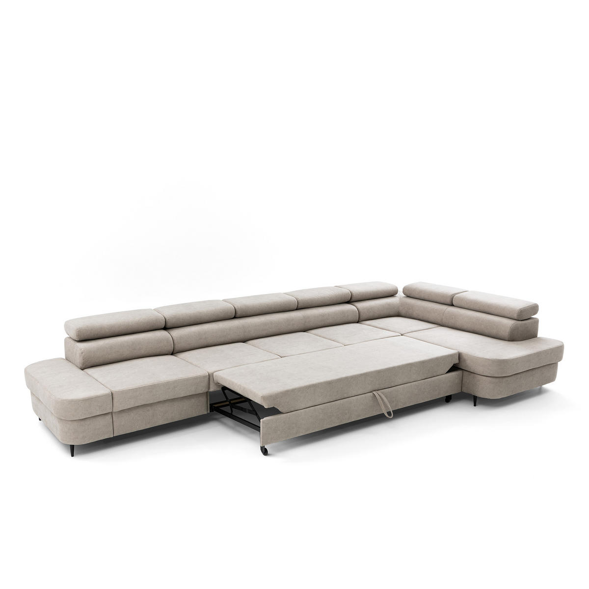 ECKSOFA PRIAM XXL L-Form Rechts mit Schlaffunktion 125x265 Velours Creme - Creme/Schwarz, Holz/Textil (420/203cm) - Muffo