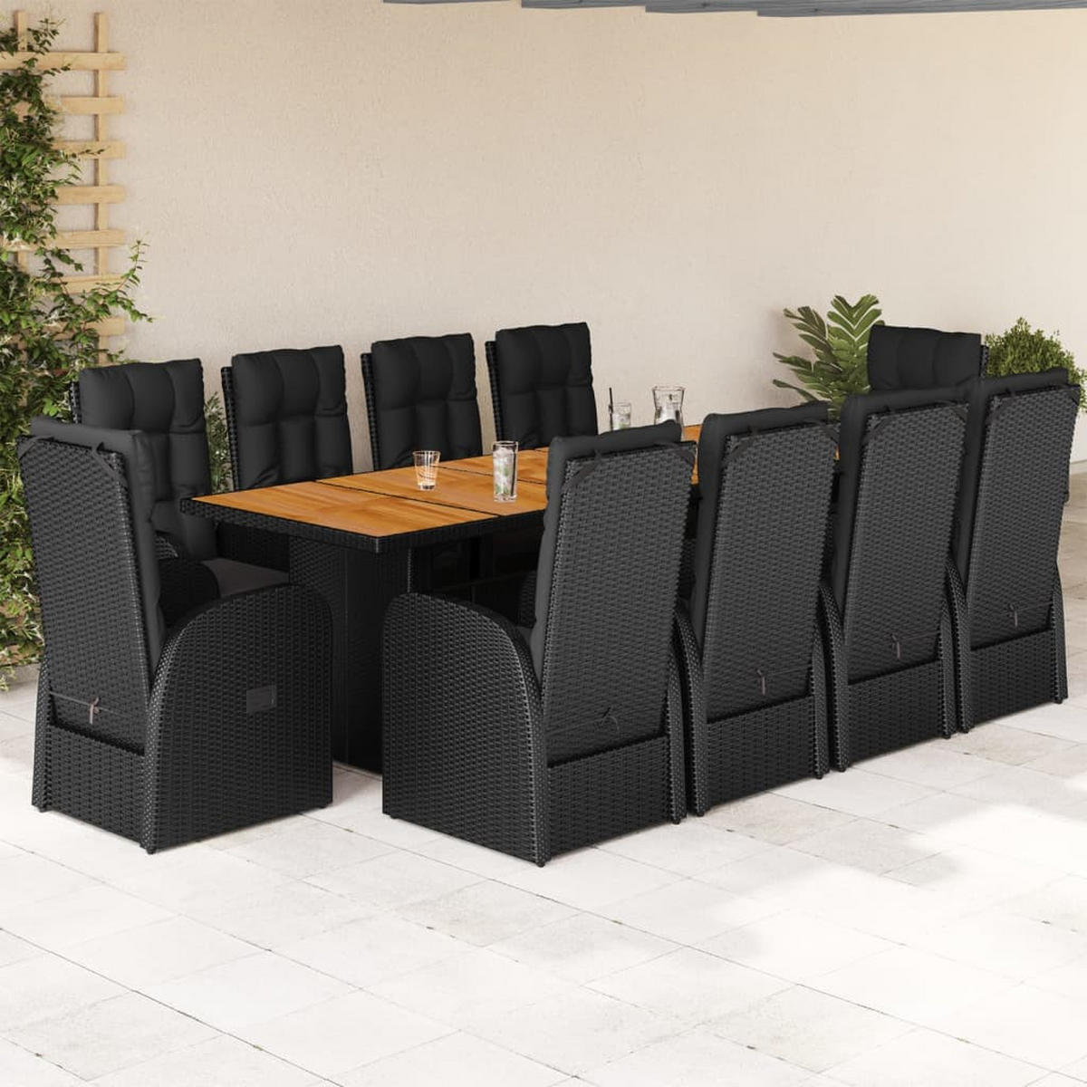 GARTEN-ESSGRUPPE 11Er Set Mit Kissen Schwarz Poly Rattan - Schwarz, Kunststoff - vidaXL