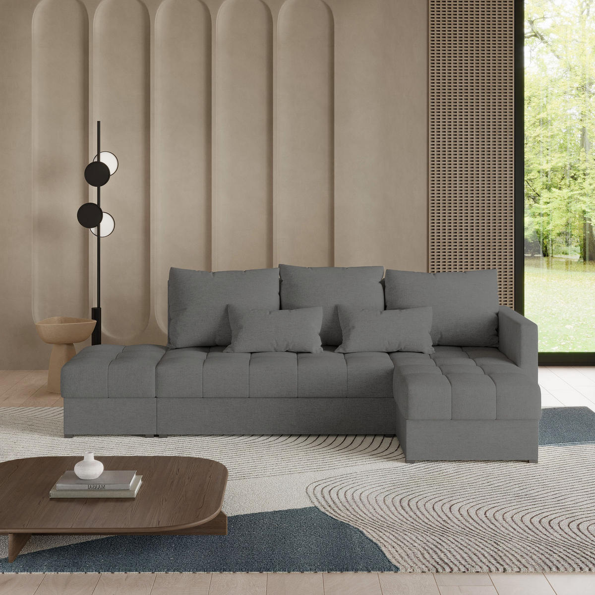 ECKSOFA LUMARI R-S Grau Plüsch-Stoff mit Schlaffunktion - Grau, Holz (262/143cm) - MASSENO