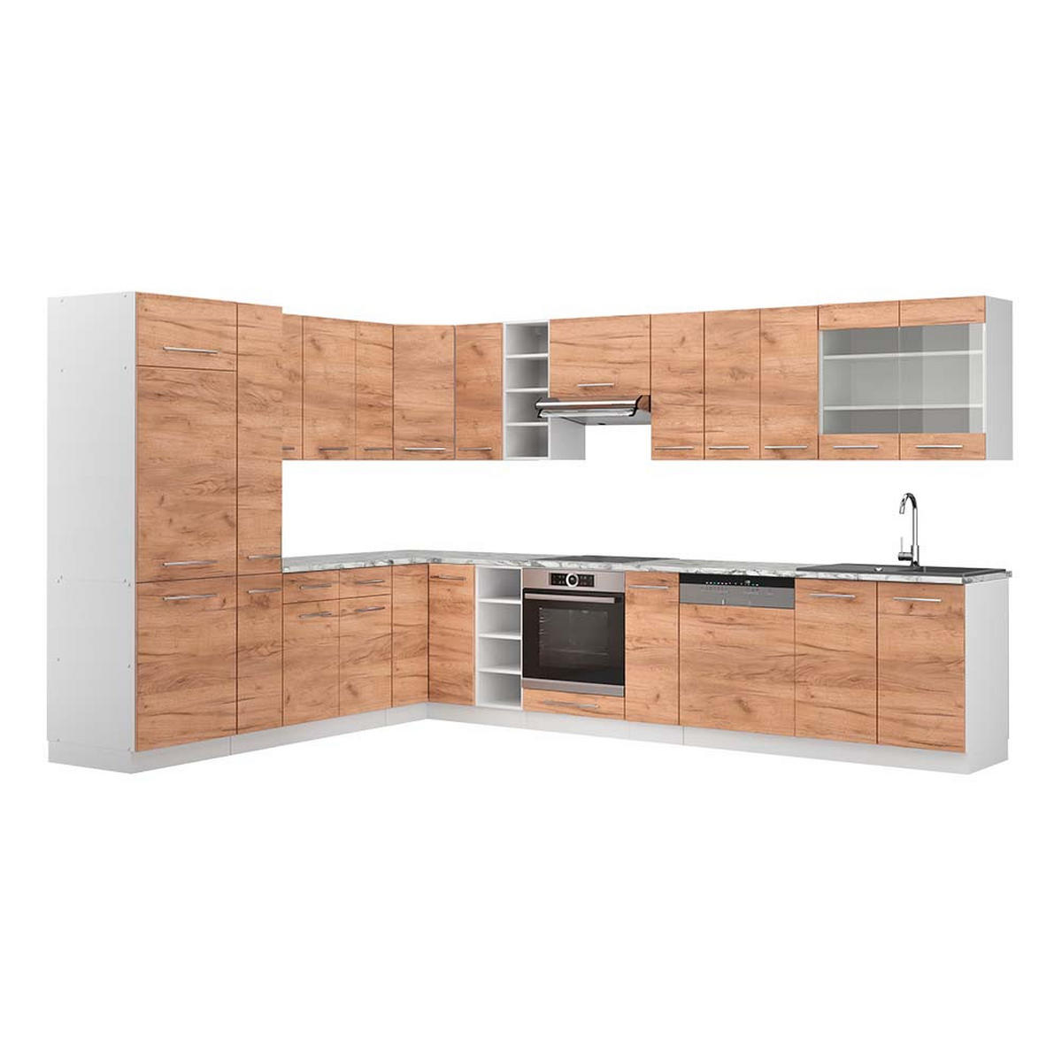 ECKKÜCHE Fame-Line Goldkraft Eiche/Weiß 347 x 257 cm, AP Marmor - Eiche Wotan/Weiß, Holzwerkstoff (347/81.6/60cm) - Vicco