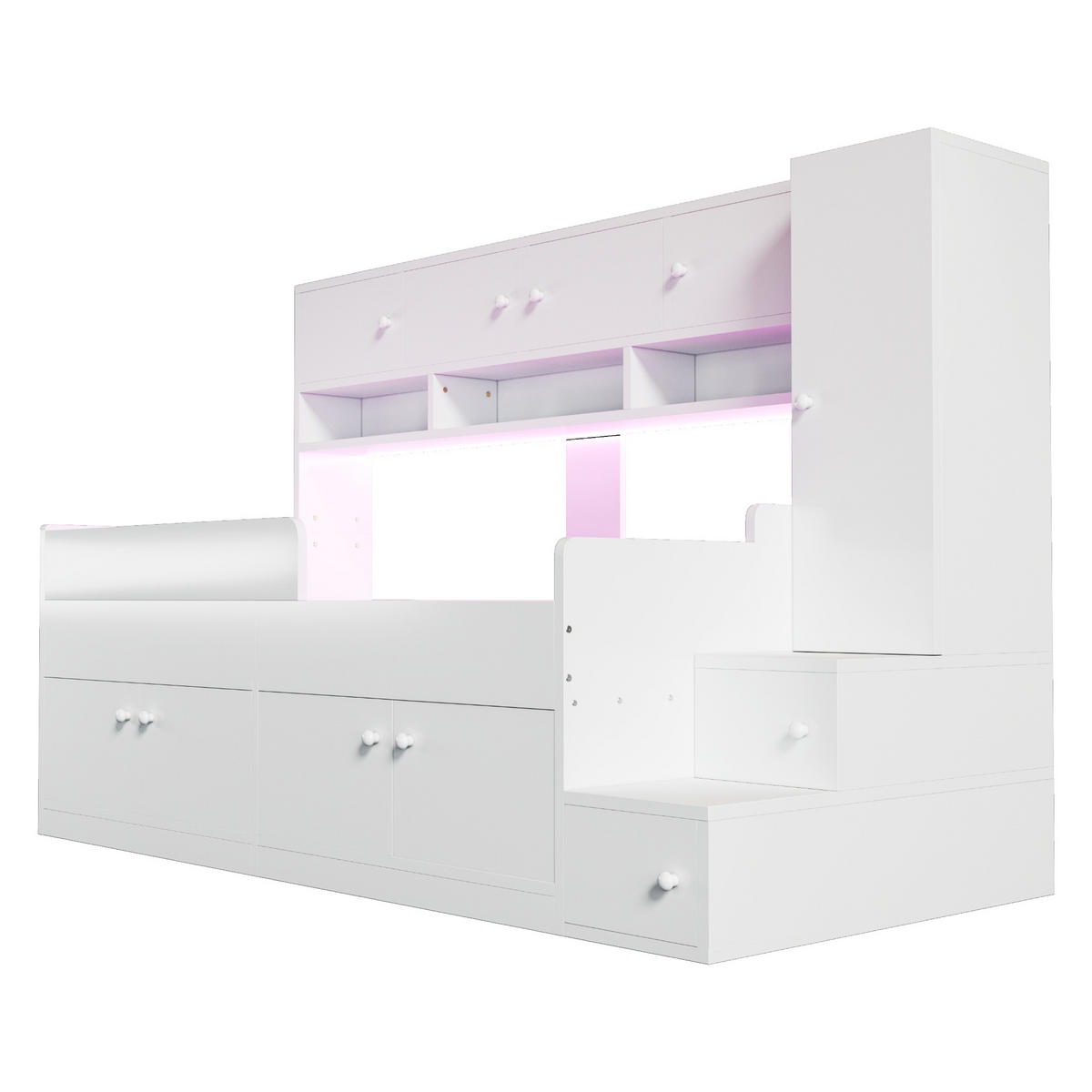 HOCHBETT 90×200 cm aus Holz mit Stauraum und LED-Beleuchtung, weiß - Weiß, Holz (90/200cm) - Luhomfu