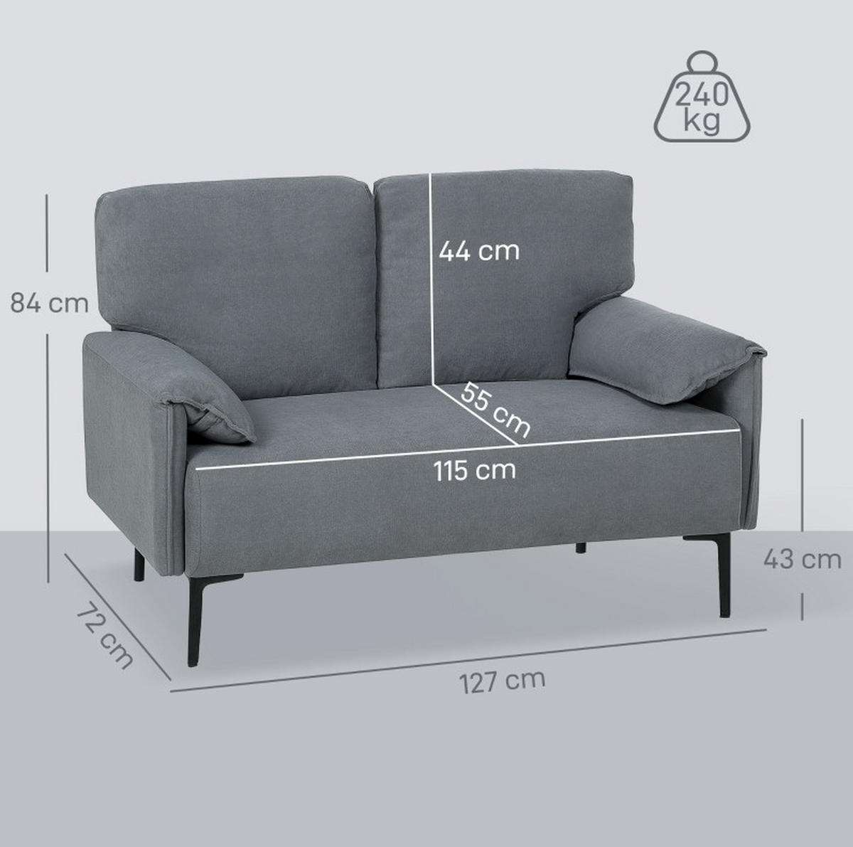 SOFA mit Rückenkissen 127 cm Grau - Grau, Metall (127/84/72cm) - Meubliv