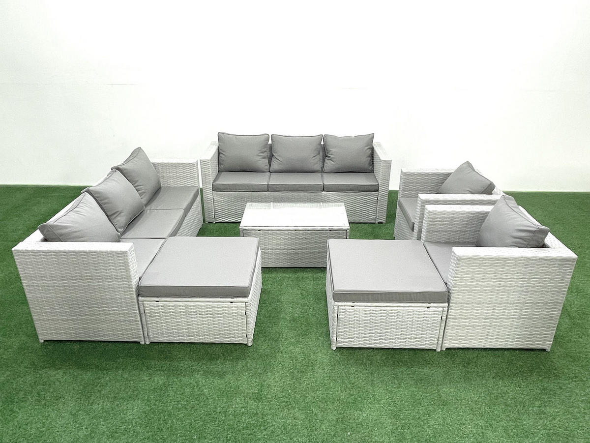GARTENGARNITUR mit 3-SITZER SOFA,COUCHTISCH Polyrattan Hellgrau-Mix 10-Sitzer - Hellgrau/Grau, Glas/Kunststoff - Fimous