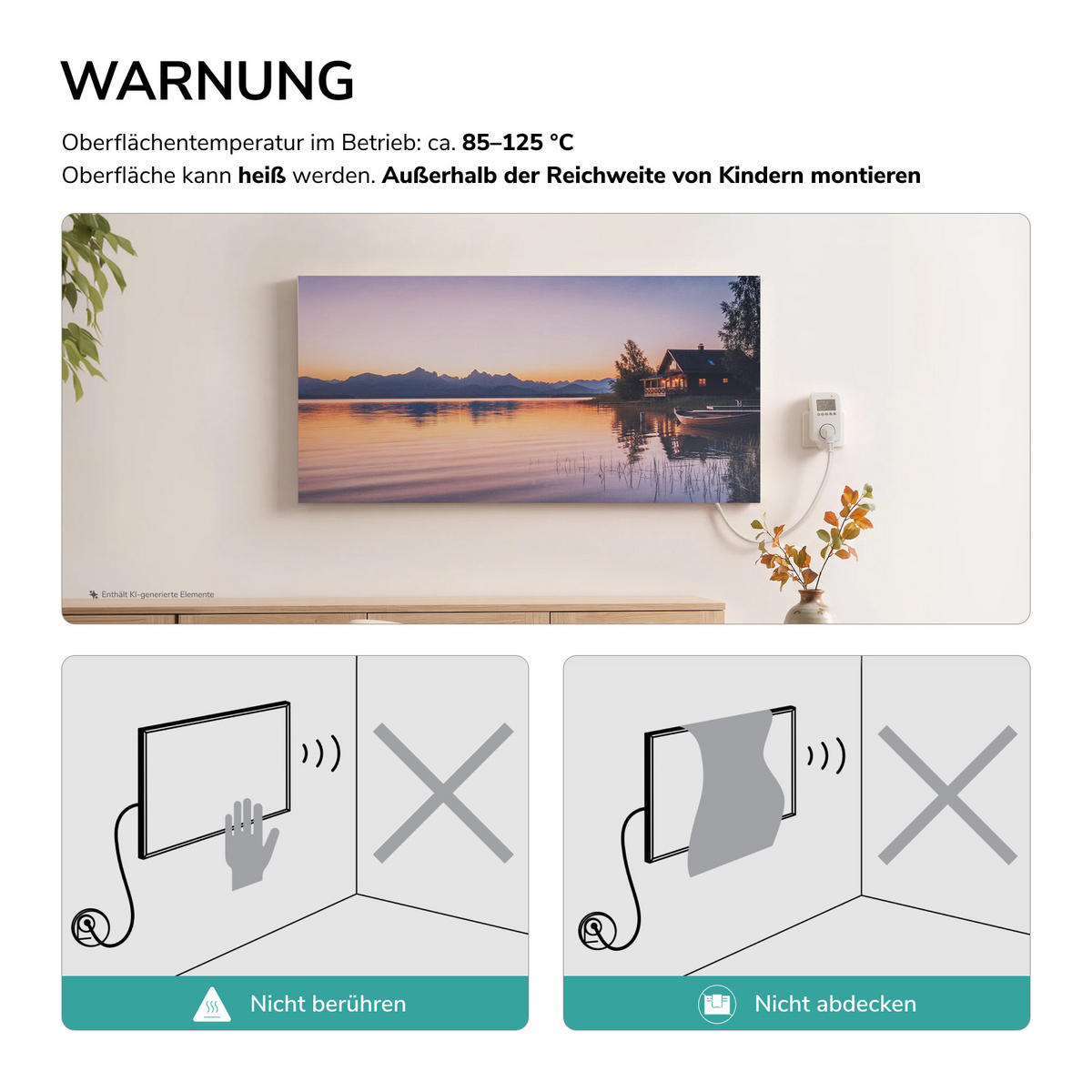 WANDKONVEKTOR Elektrisch mit dekorativem Landschaftsbild, Thermostat und WLAN App Steuerung, 119,5/59,5/1,8 cm - Weiß, Kunststoff/Metall (119.5/59.5/1.8cm) - EMKE