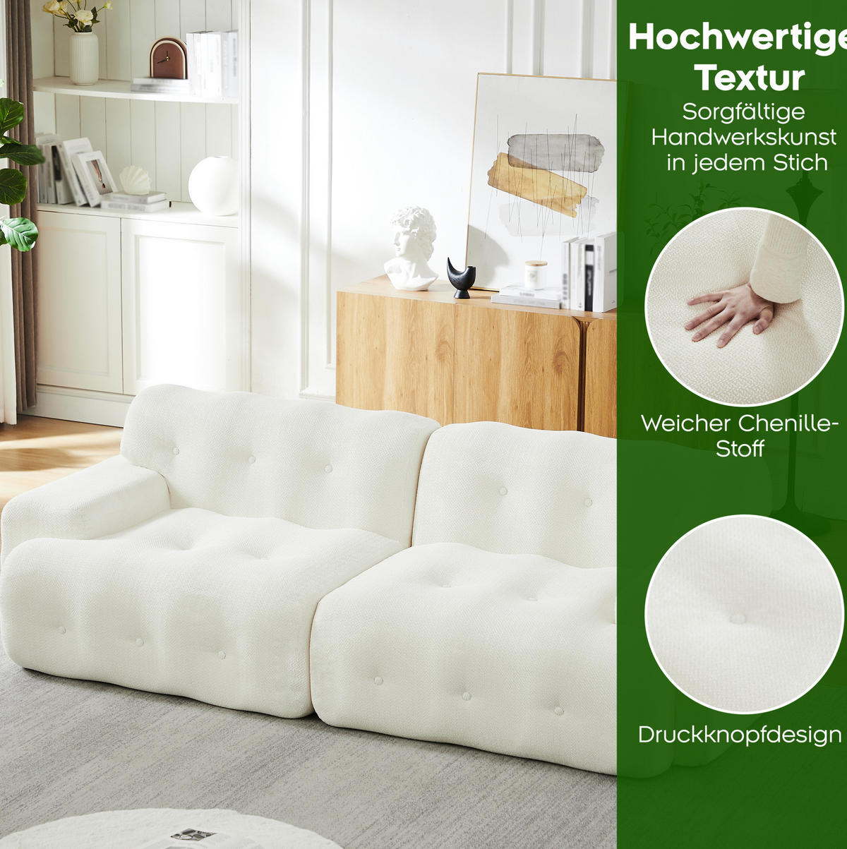 2-SITZER-SOFA 224/104/66 cm mit ergonomischer Polsterung, breiten Armlehnen und Chenille-Bezug, Beige - Beige, Textil (224/66/104cm) - Redom