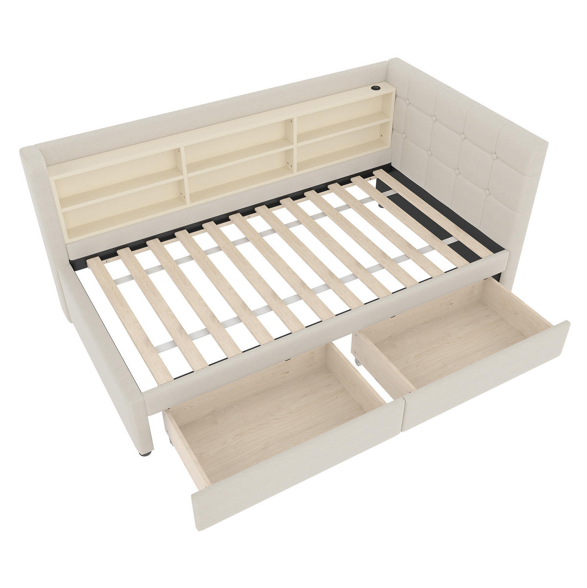 POLSTERBETT 90/200 cm Beige mit 2 Schubladen und USB- und Type-C-Anschlüssen - Beige, Textil (90/200cm) - Flora Grace