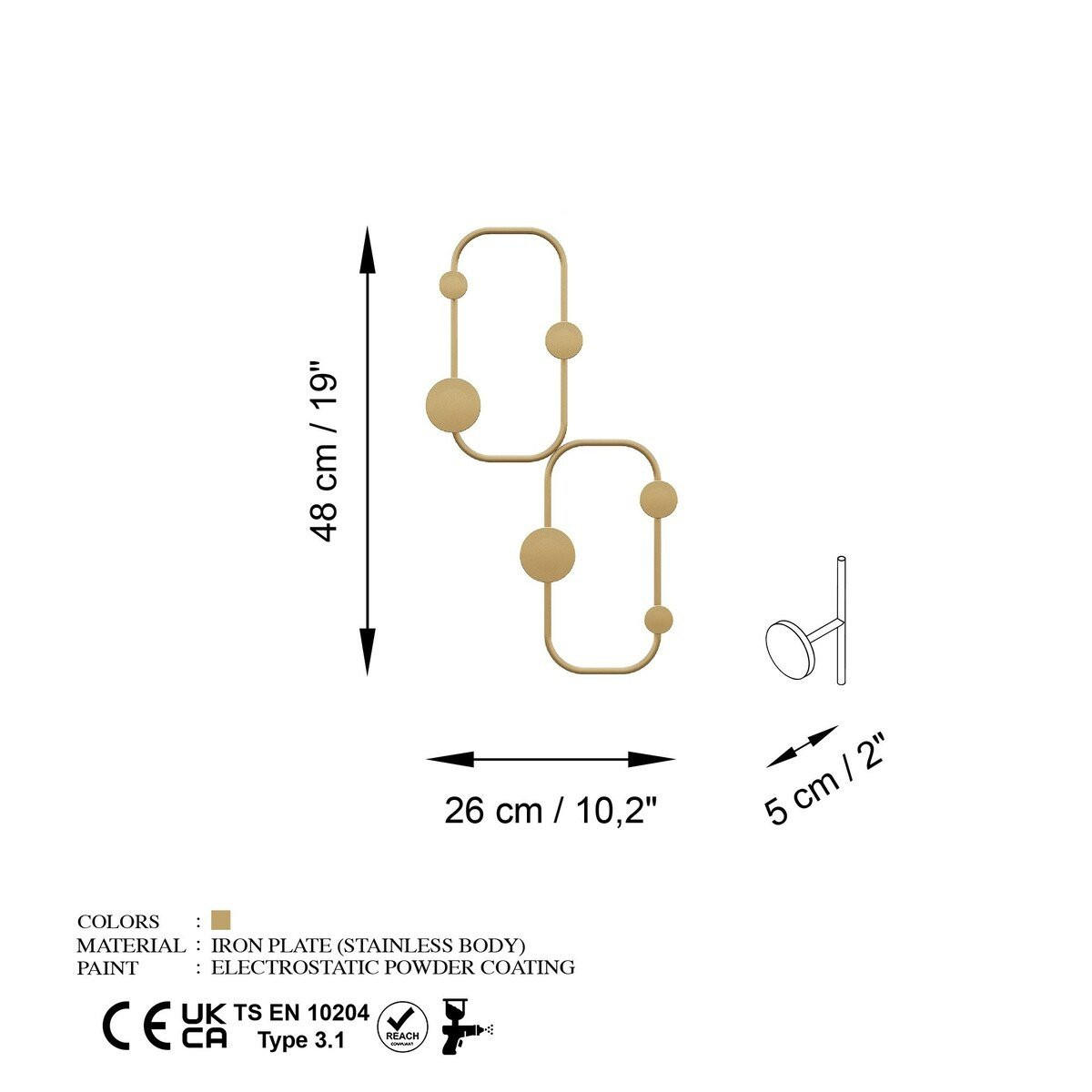 WANDGARDEROBE mit 5 Haken aus schwarzem Metall 26/5/48 cm - Goldfarben, Metall (5/48/26cm) - Calicosy