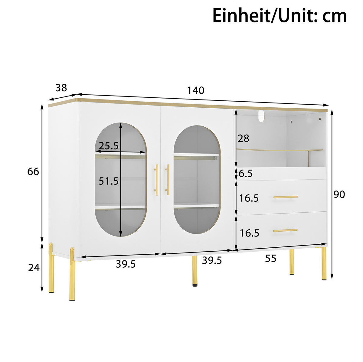 SIDEBOARD 140/38/90 cm mit 2 Glastüren & Schubladen in Weiß - Weiß, Holzwerkstoff (140/90/38cm) - BEAOK