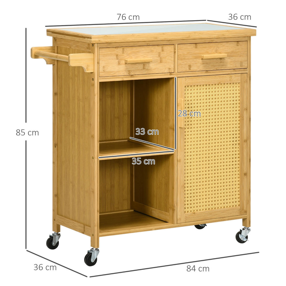KÜCHENINSEL Servierwagen mit Schublade und Schrank, MIT GLASPLATTE, 84/36/85 cm - Naturfarben, Holzwerkstoff (36/85/84cm) - Rolipo