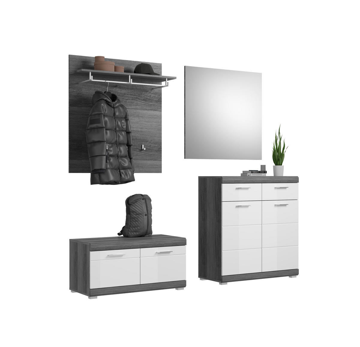 GARDEROBENKOMBINATION 4tlg. Scout Garderobe in Rauchsilber Nb. und weiß HG B/H/T: 195x197x40 cm - Anthrazit, Holzwerkstoff (195/197/40cm)