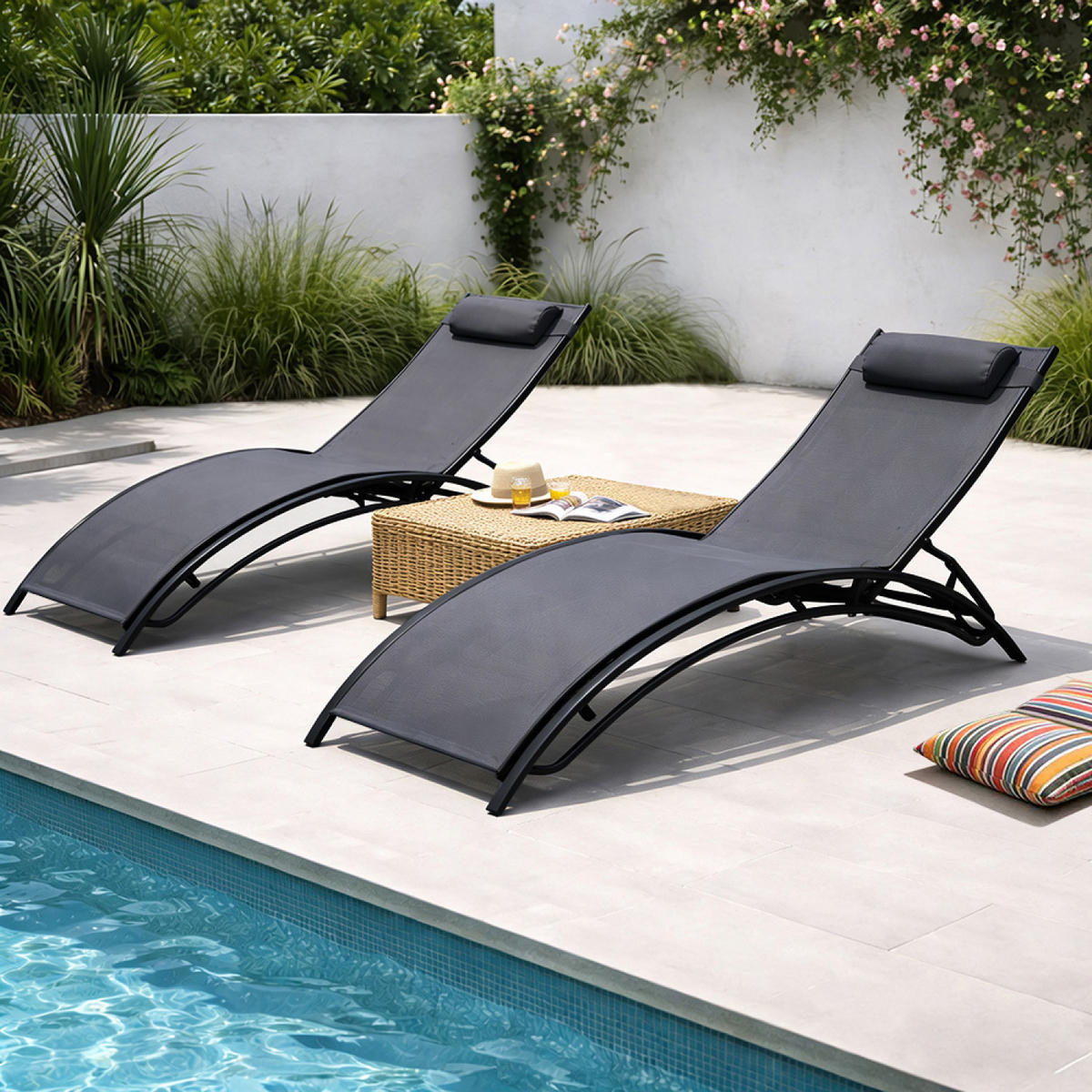 LIEGESTÜHLE Cali aus Stahl Schwarz Grau 2er-Set + Tisch - Schwarz/Grau, Metall (81/59/157cm) - Concept Usine