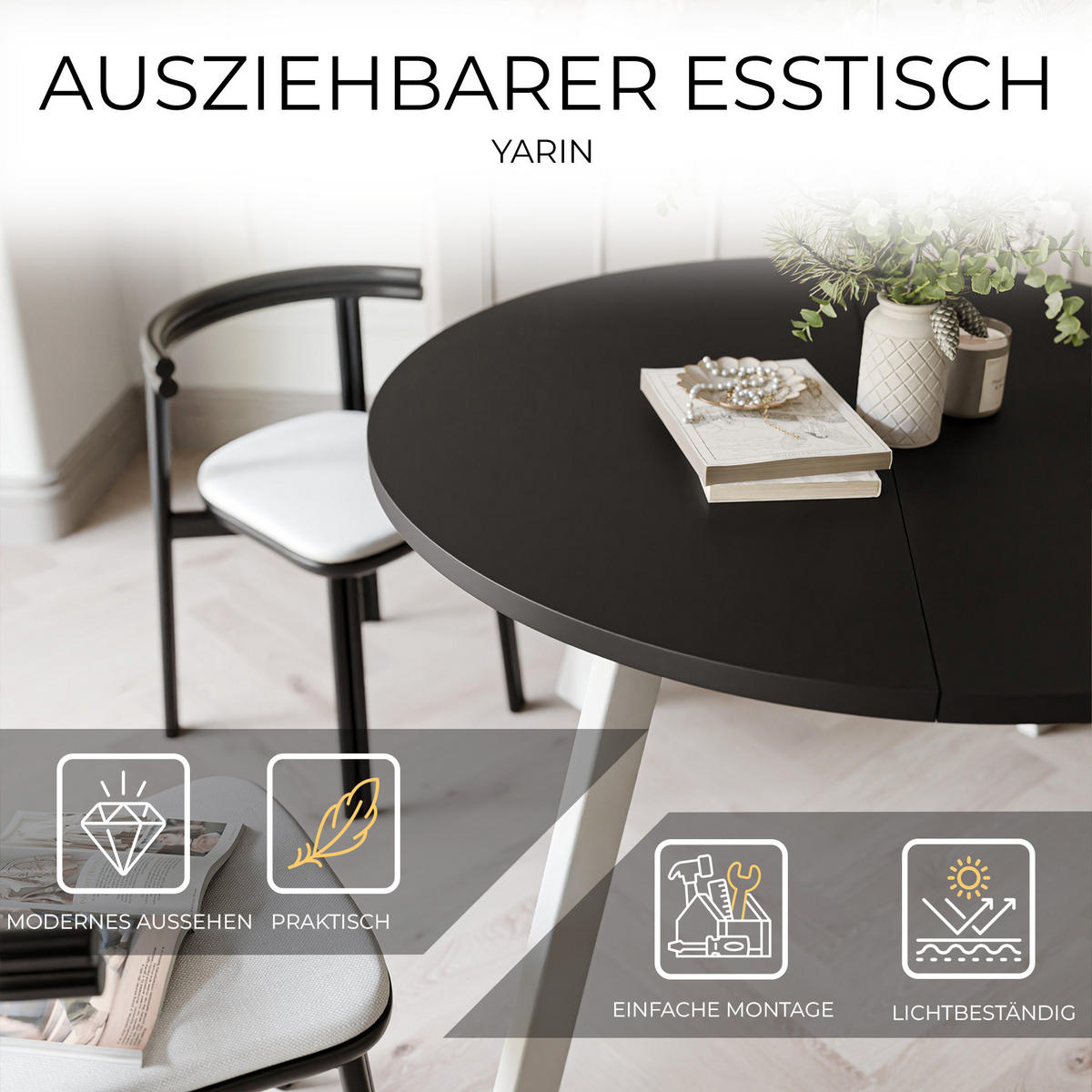 TISCH Weiße Beine, MDF Tischplatte, Molet Schwarz - Schwarz/Weiß, Holzwerkstoff (100/100/76cm) - Idohome
