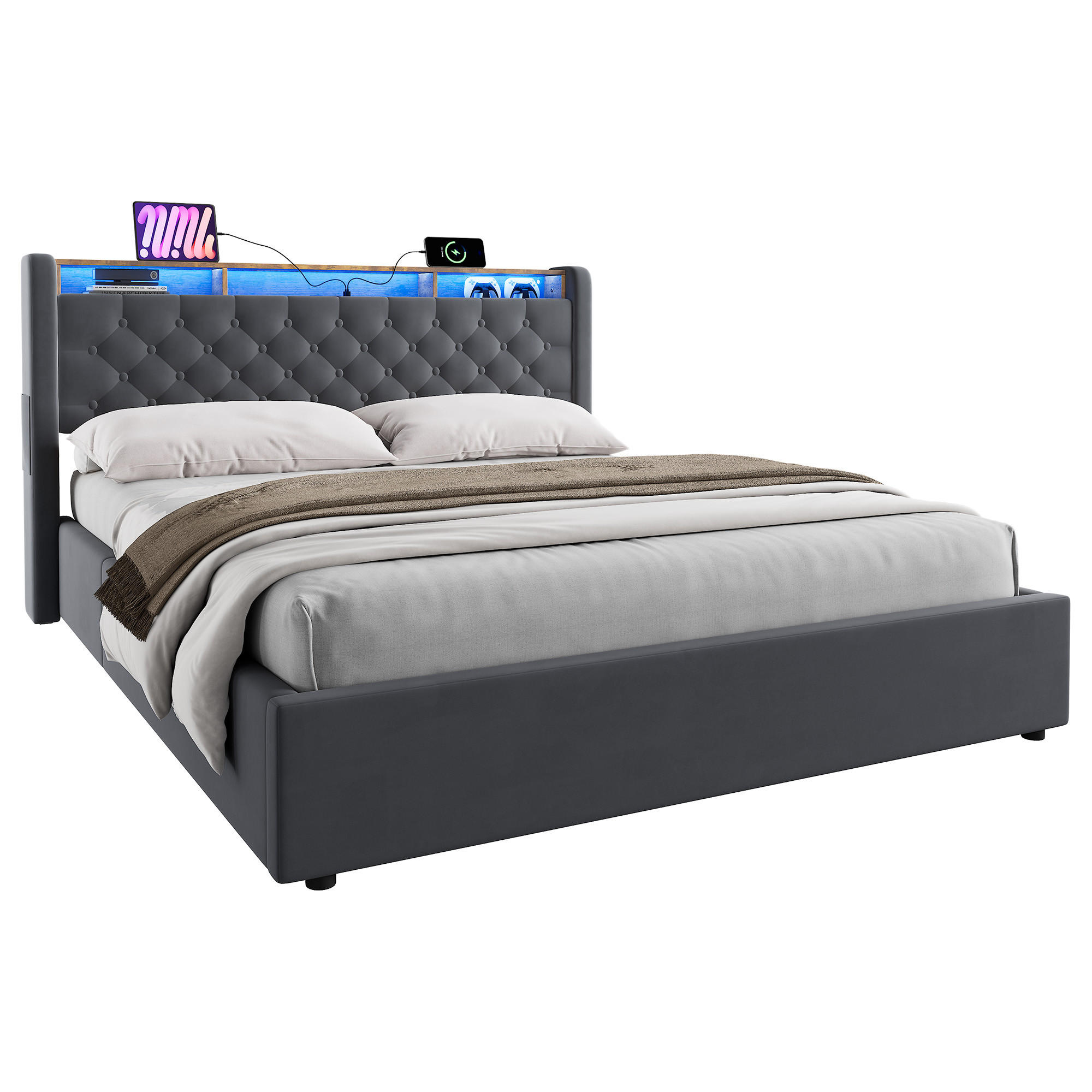 POLSTERBETT 160/200 cm mit Matratze, Bettkasten, LED und USB, in Grau - Grau, Holzwerkstoff/Textil (160/200cm) - WISHDOR