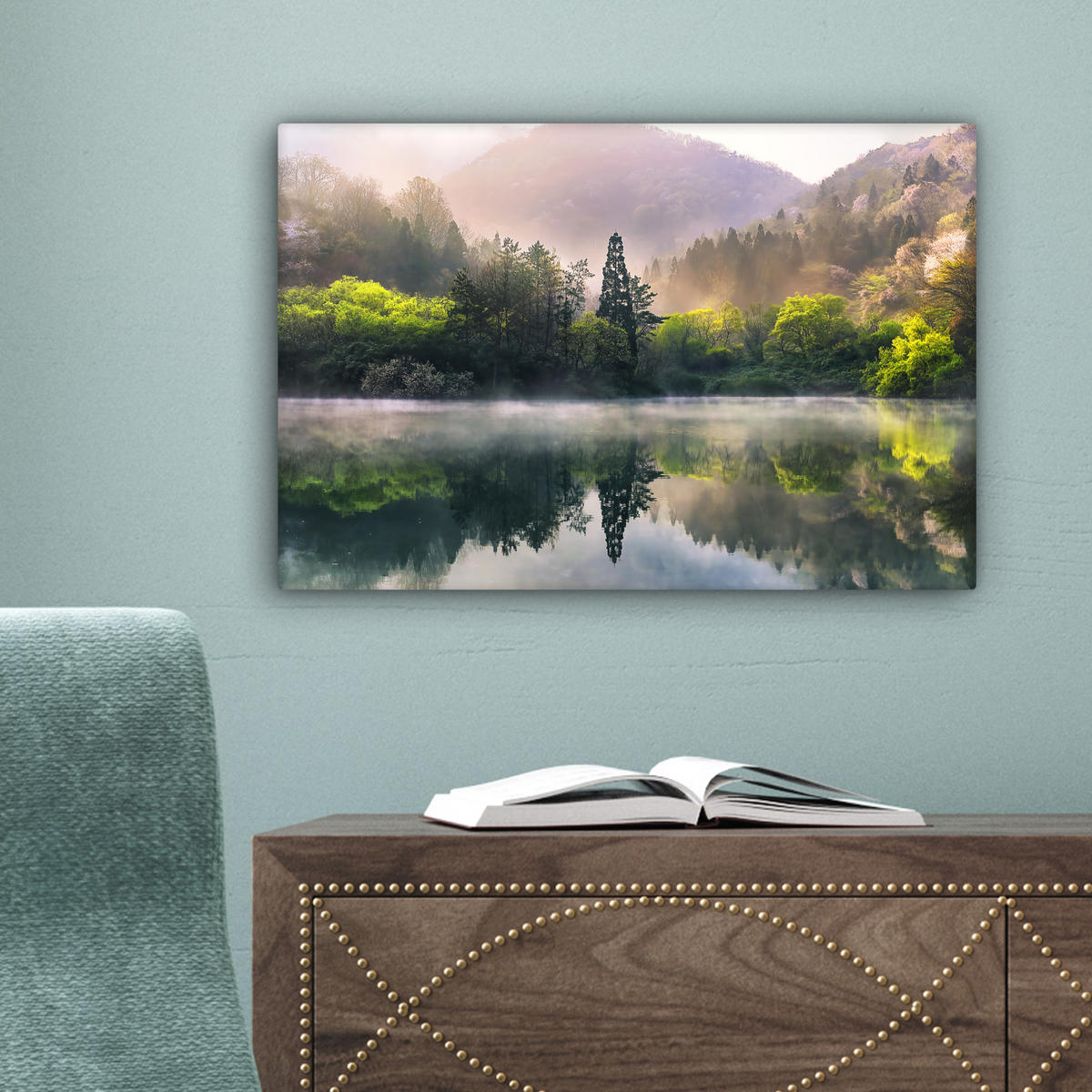 LEINWANDBILD Natur - Bäume - Berge - See - Wasser Deko Schlafzimmer 30x20 cm - Hellgrün, Textil (30/20cm) - MuchoWow