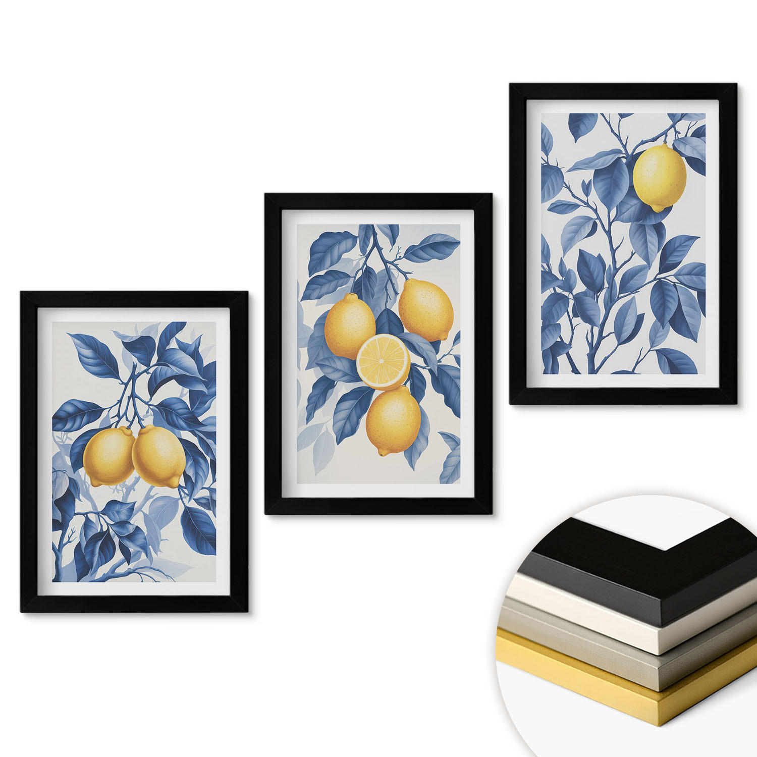 WANDBILDER 3er-Set - 20x30 cm Schwarzer Rahmen - Zitronenzweige mit blauen Blättern - Schwarz, Kunststoff (20/30cm) - ArtPrintCave