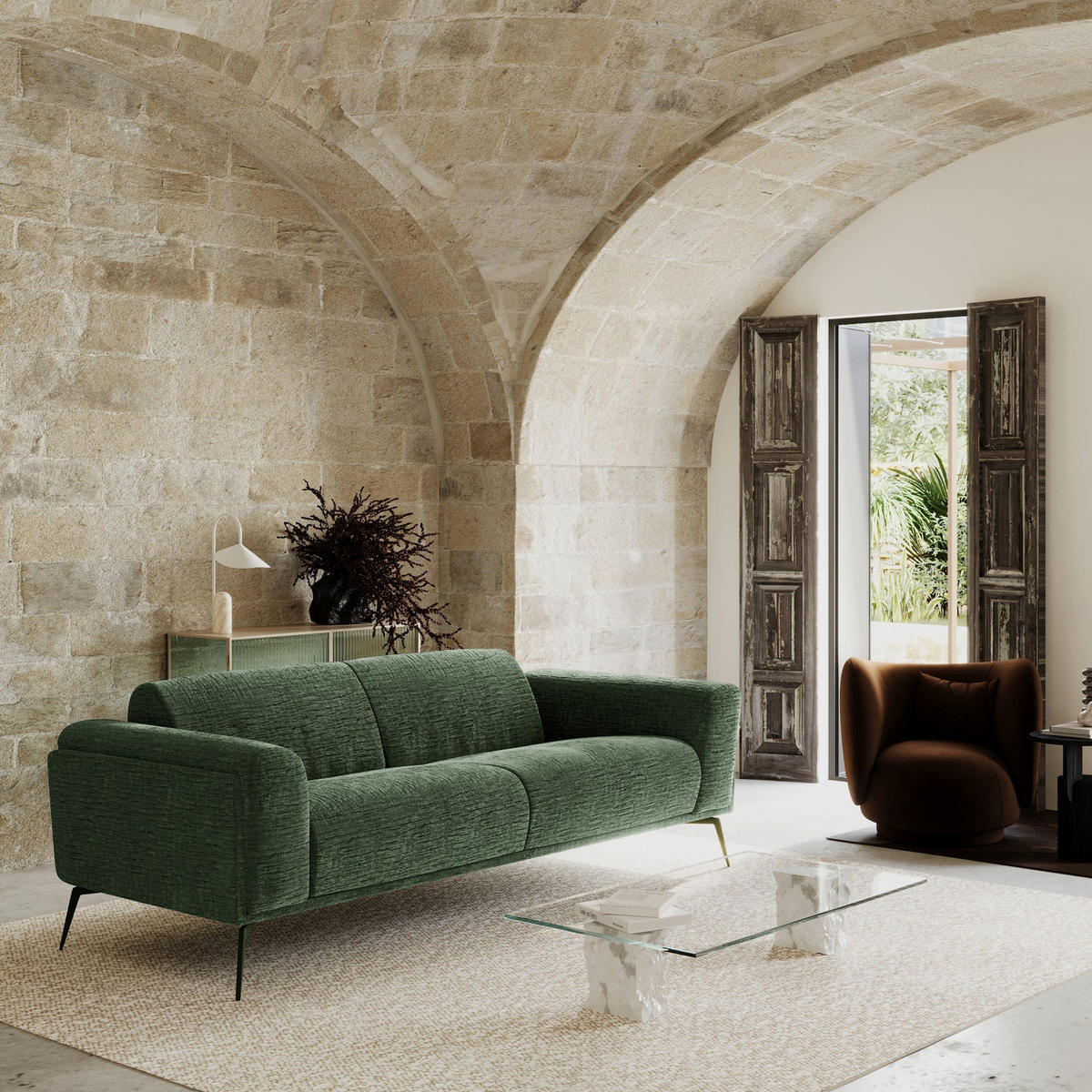 SOFA 3-SITZER Texturierter Samt Smaragdgrün 220cm - Smaragdgrün, Textil (220/74/90cm) - Sia Home