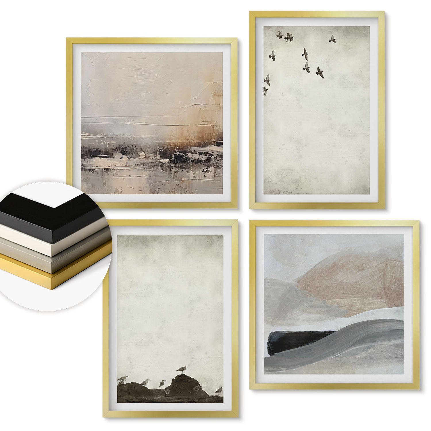 WANDBILDER 4er Set - 50x50 cm & 40x60 cm Goldrahmen - Vögel, Steine, Pinselstriche, Verzierungen - Goldfarben, Kunststoff (50/50cm) - ArtPrintCave