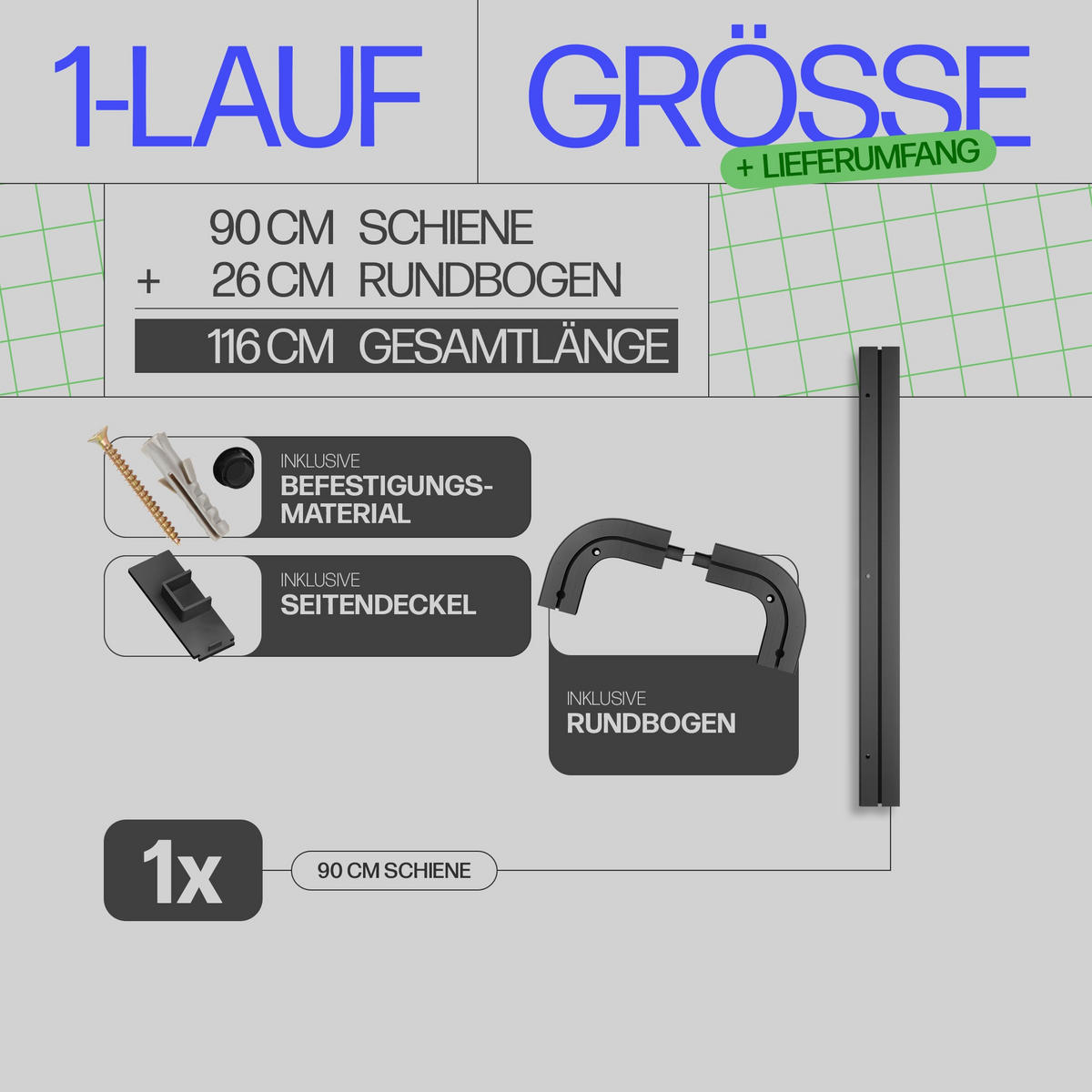 GARDINENSCHIENE inkl. Rundbögen 90cm 1-läufig - Schwarz, Kunststoff (6/1.8/90cm)