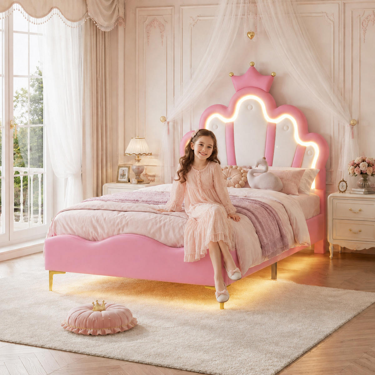 KINDERBETT 90/200 Rosa LED Polsterbett Prinzessin - Rosa, Metall (90/200cm) - Joyfair