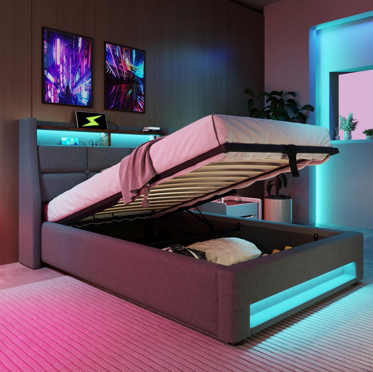 POLSTERBETT mit Stauraum, USB und LED 90x200 cm Leinen Grau - Grau, Metall (90/200cm) - Meubliv