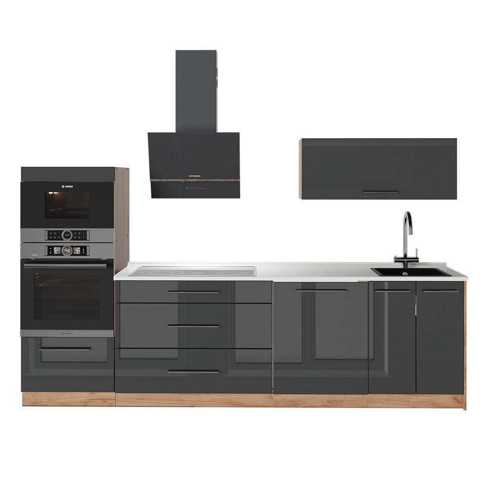 KÜCHENZEILE Fame-Line, Anthrazit Hochglanz/Goldkraft Eiche, 280 cm, AP Marmor - Honigeiche/Schwarz Hochglanz, Holzwerkstoff (280/153.6/60cm) - Vicco