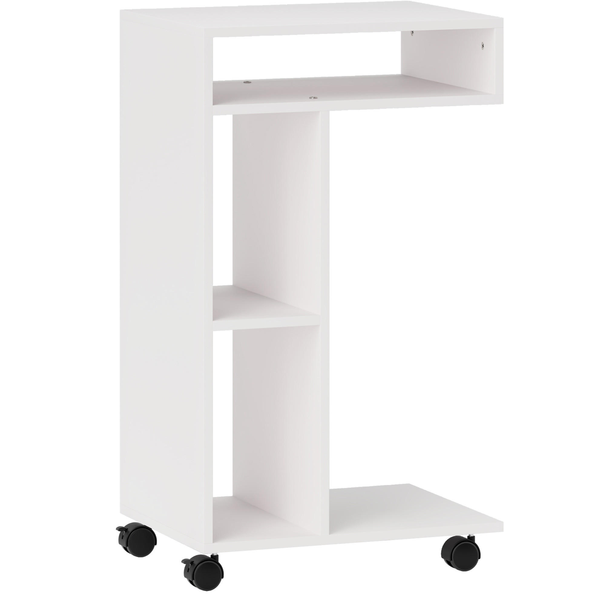 Modfu ODKLÁDACÍ stolek z překližky 40x30x69 cm bílý s kolečky, policemi a možností stabilní montáže