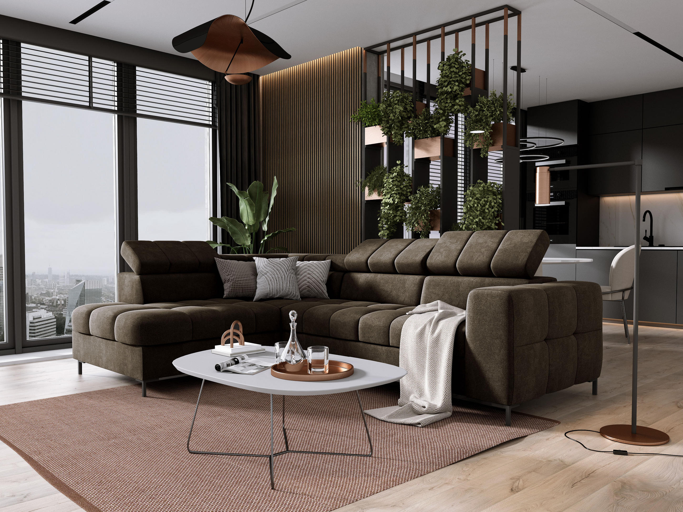 ECKSOFA PABLO VOGUE L-förmig mit Bett Bettkasten verstellbare Kopfstützen weicher Metallfüße freistehend LINKS 201x270x97 cm Brown - Braun, Holz/Textil (201/270cm) - DomoHome