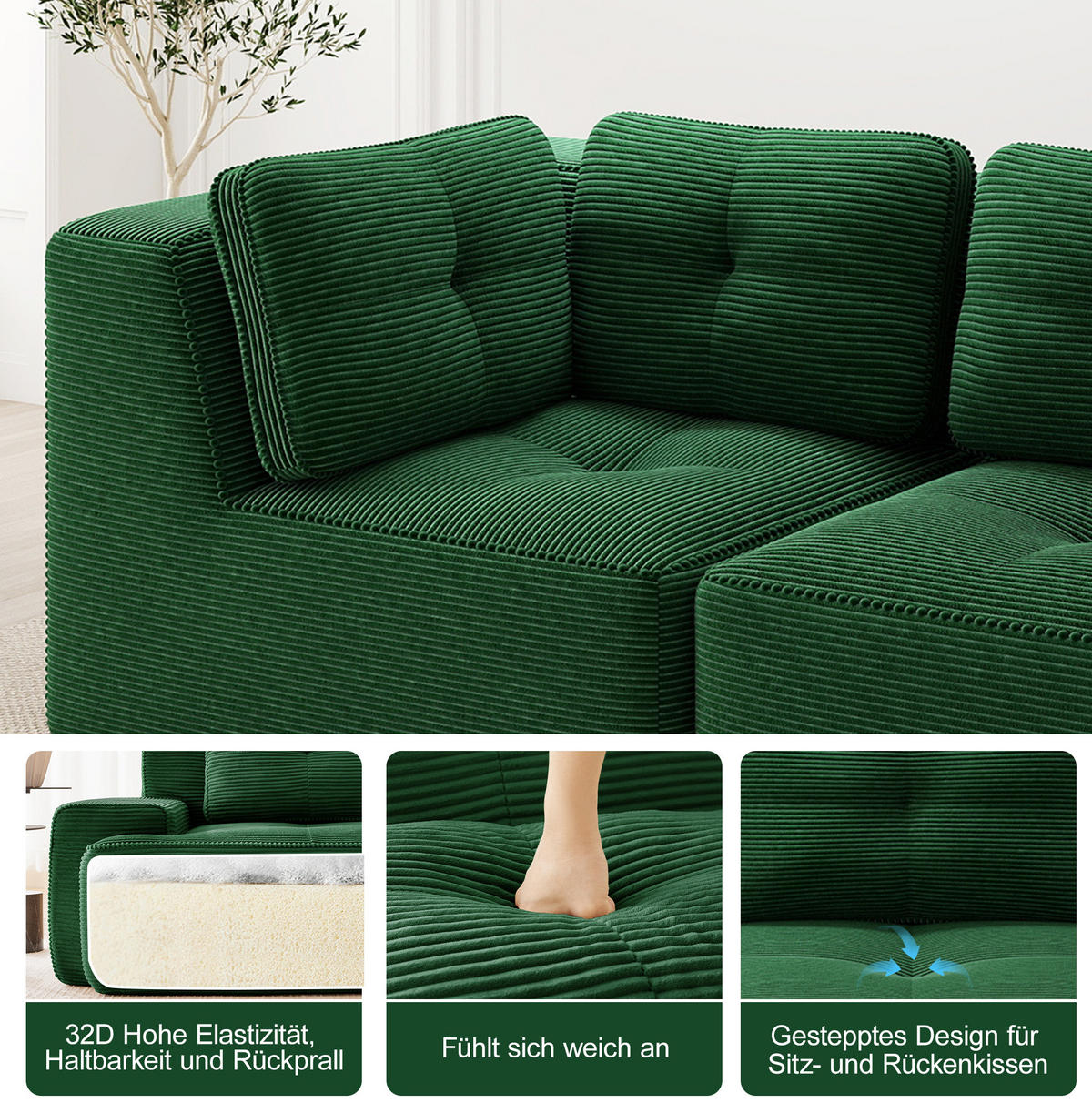 MODULARES Ecksofa aus Cord mit tiefem Sitz Grün - Grün, Textil (104/382cm) - Modenvie